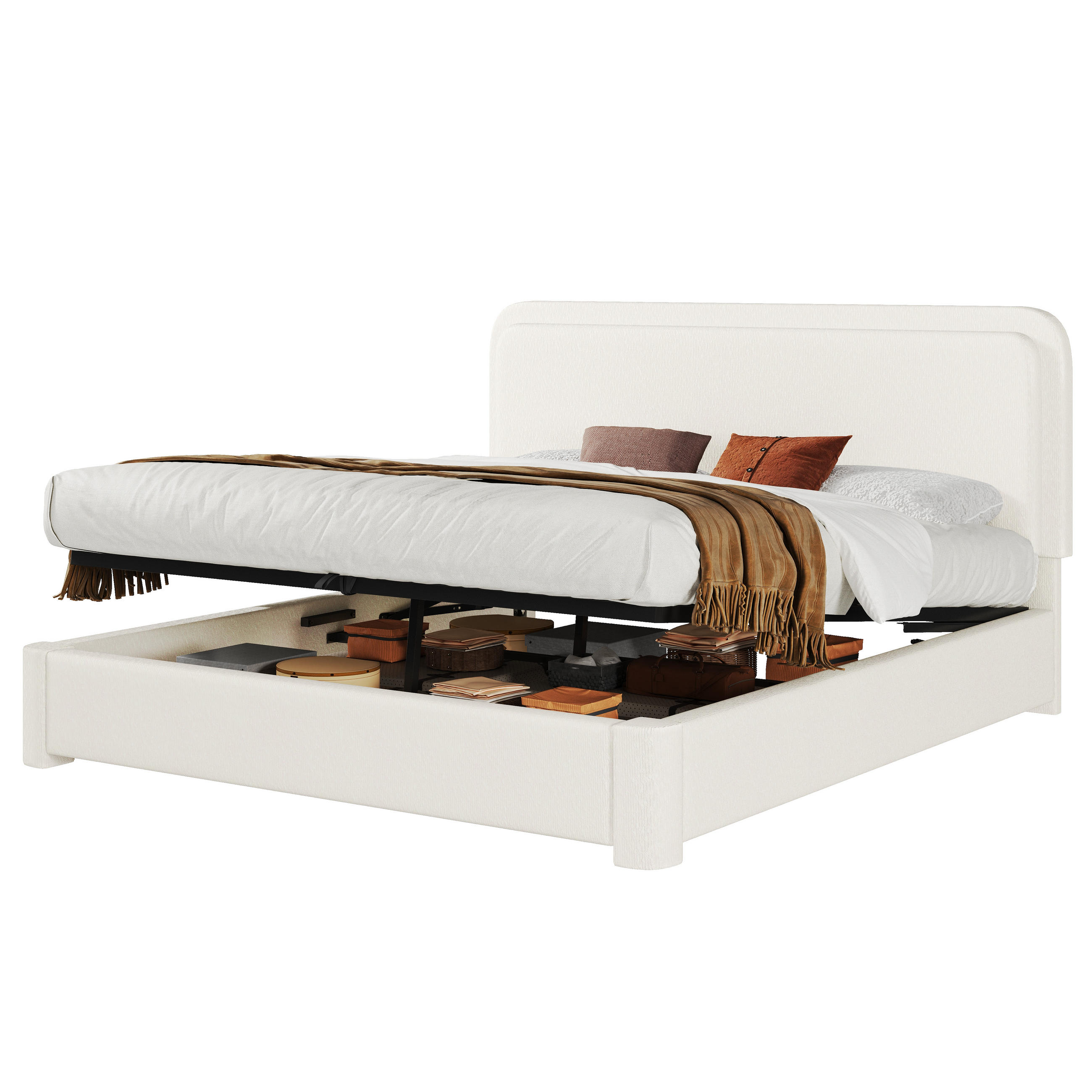 POLSTERBETT 160/200 cm in Weiß mit Bettkasten, verstellbarem Kopfteil und Lattenrost aus Bouclé - Weiß, Textil/Metall (160/200cm) - STILVORA