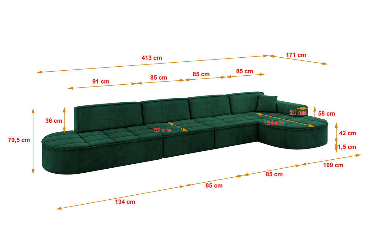 ECKSOFA Ottomane Rechts TARO-L3 - 413x171x79,5 cm Dunkelgrün - Grün, Holzwerkstoff/Textil (413/171cm) - ALTDECOR