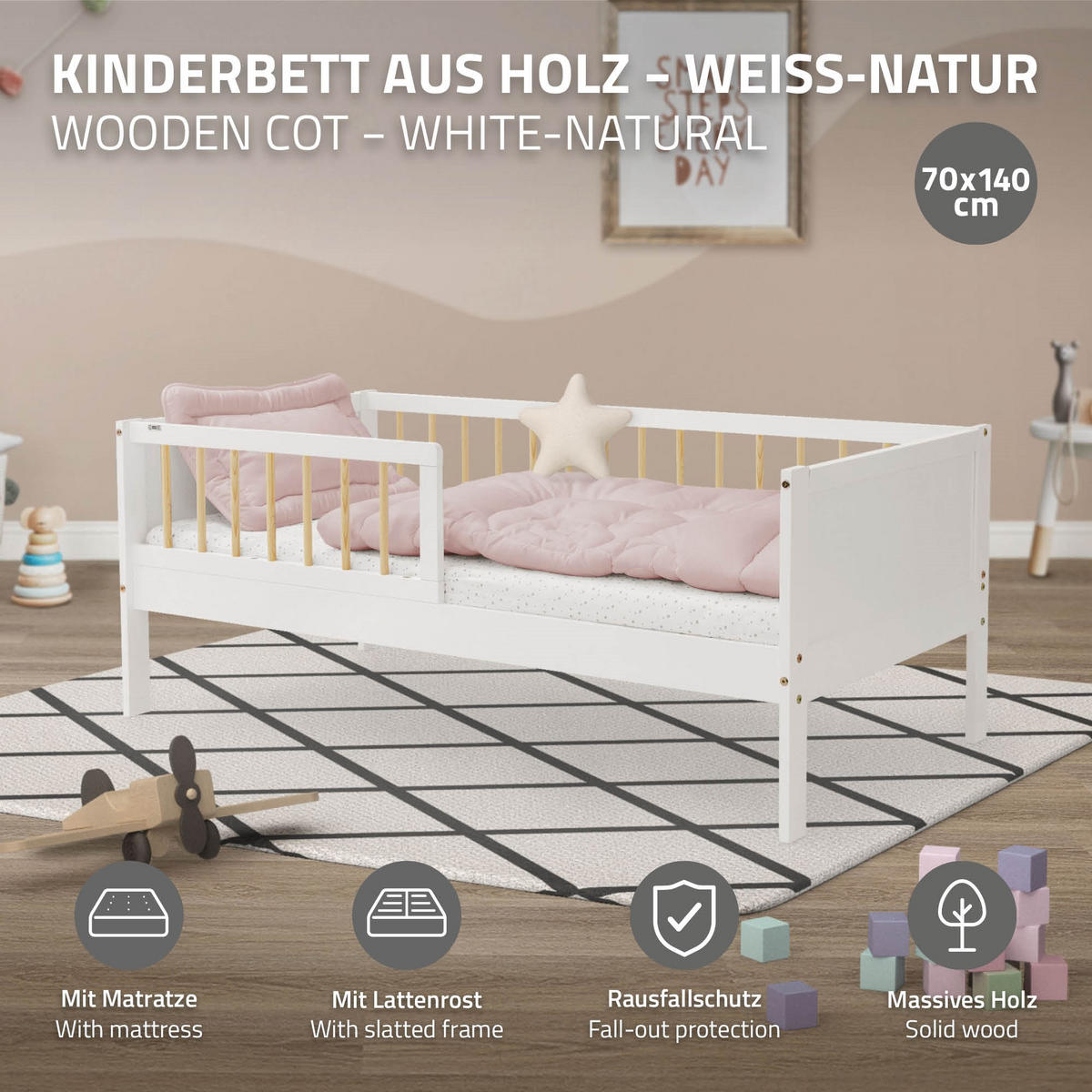 KINDERBETT mit Matratze 70x140 cm Weiß/Natur - Multicolor, Holzwerkstoff - ML-DESIGN