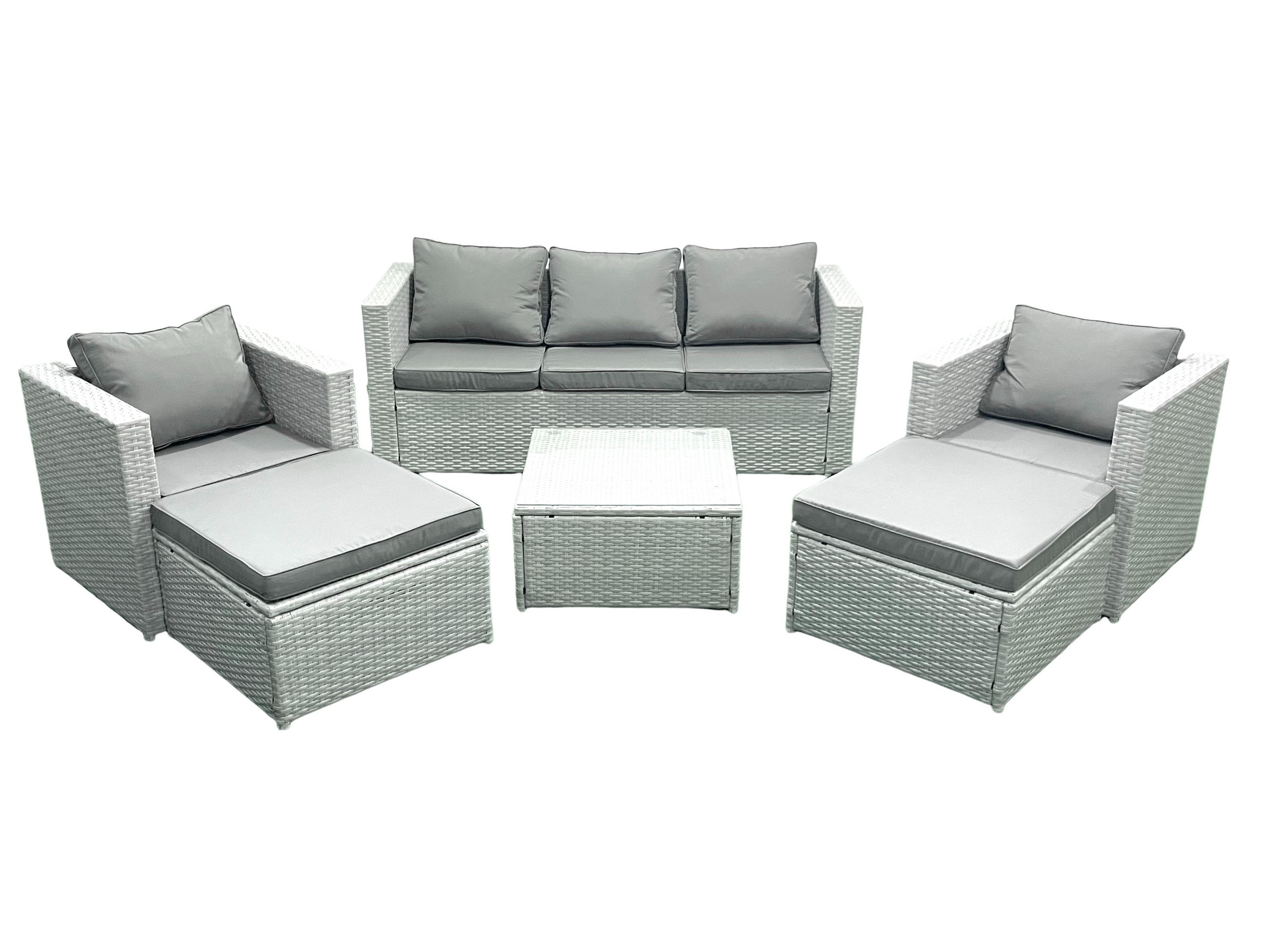 GARTENMÖBEL-SET mit Kissen Polyrattan Hellgrau-Mix 7-Sitzer - Hellgrau/Grau, Glas/Kunststoff - Fimous
