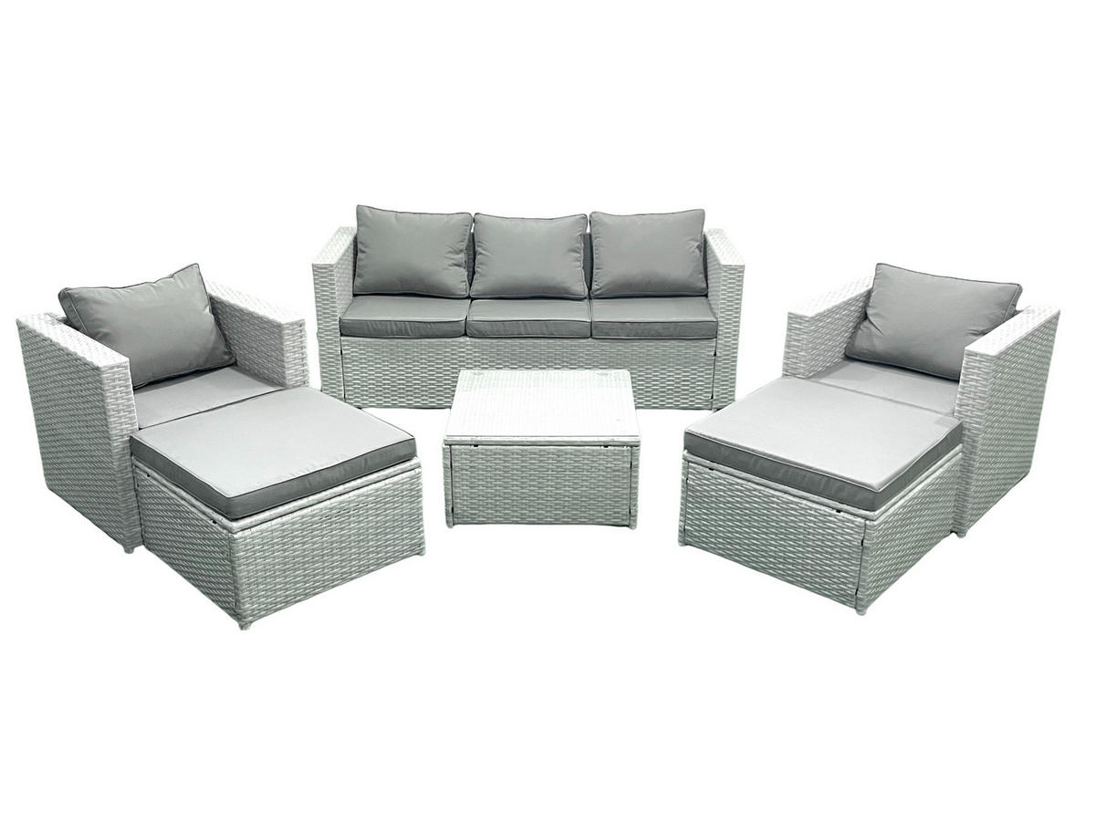 GARTENMÖBEL-SET mit Kissen Polyrattan Hellgrau-Mix 7-Sitzer - Hellgrau/Grau, Glas/Kunststoff - Fimous
