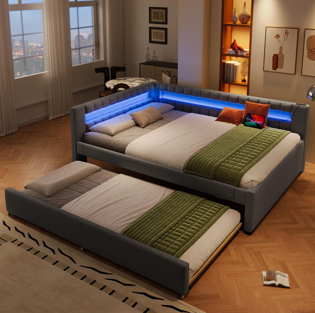 POLSTERBETT 140/200 cm Grau mit Ausziehbett LED-Beleuchtung und USB- und Type-C-Anschlüssen - Grau, Textil (140/200cm) - OKWISH