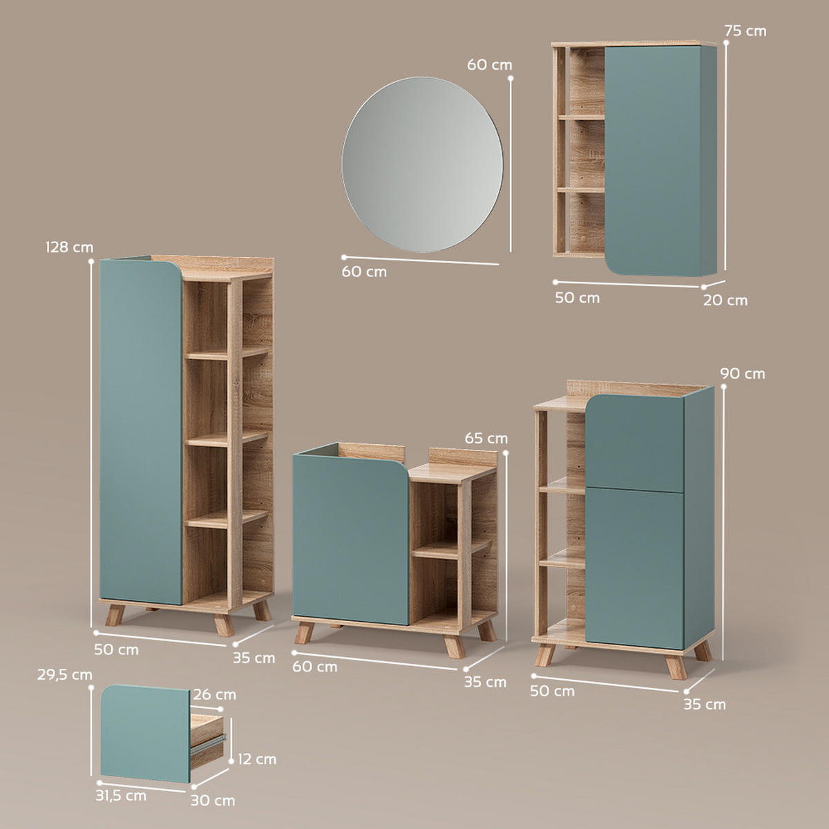 BADMÖBEL-SET Marano Blau-Grau 5 Teile - Blaugrau/Sonoma Eiche, Holzwerkstoff (35/65/60cm) - Livinity®