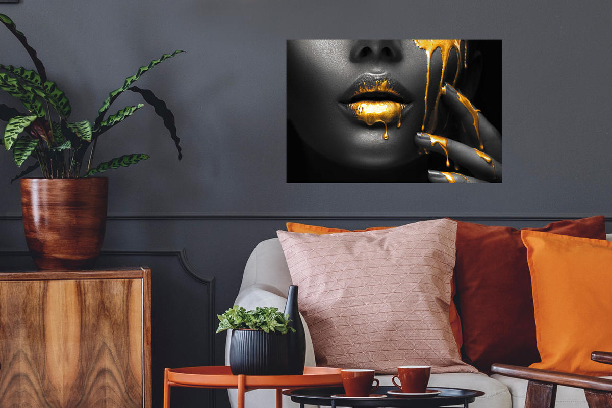 WANDTATTOO Frau - Schwarz - Gold - Gesicht - Lippen 60x40 cm - Goldfarben, Kunststoff (60/40/0.1cm) - MuchoWow
