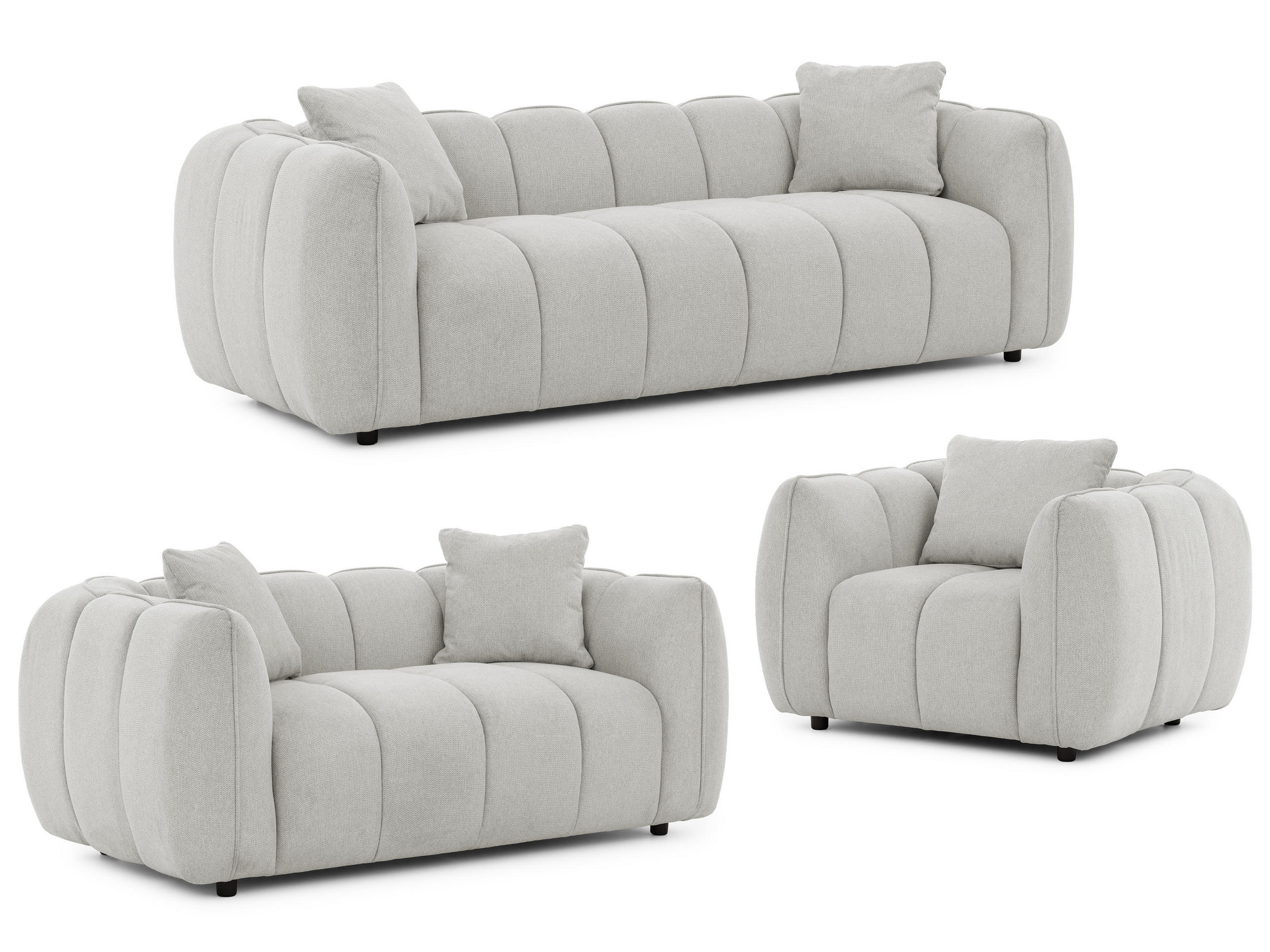 SEDACÍ SOUPRAVA 3+2+1 Nubira v hluboce prošívaném designu Bubble z měkké strukturované látky ve světle šedé barvě s moderním vzhledem - černá/světle šedá, dřevo/textil (228/69/89cm) - S-Style