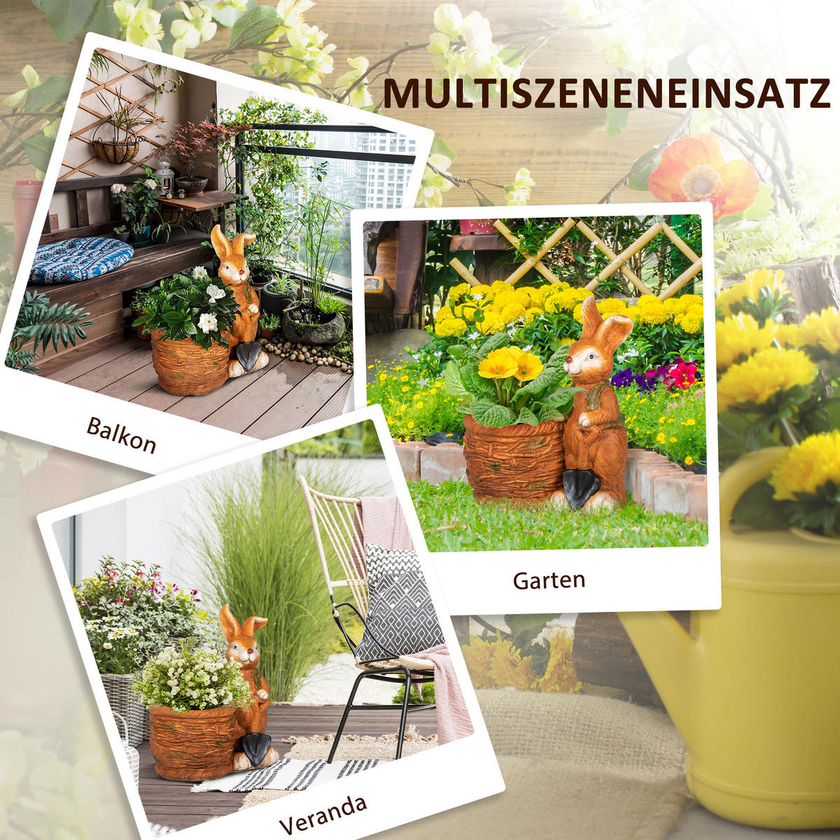 BLUMENTOPF, mit "Hase mit Weidenkorb" Design, für Garten, Wohnzimmer, MgO - Braun, Kunststoff (50cm) - Outsunny