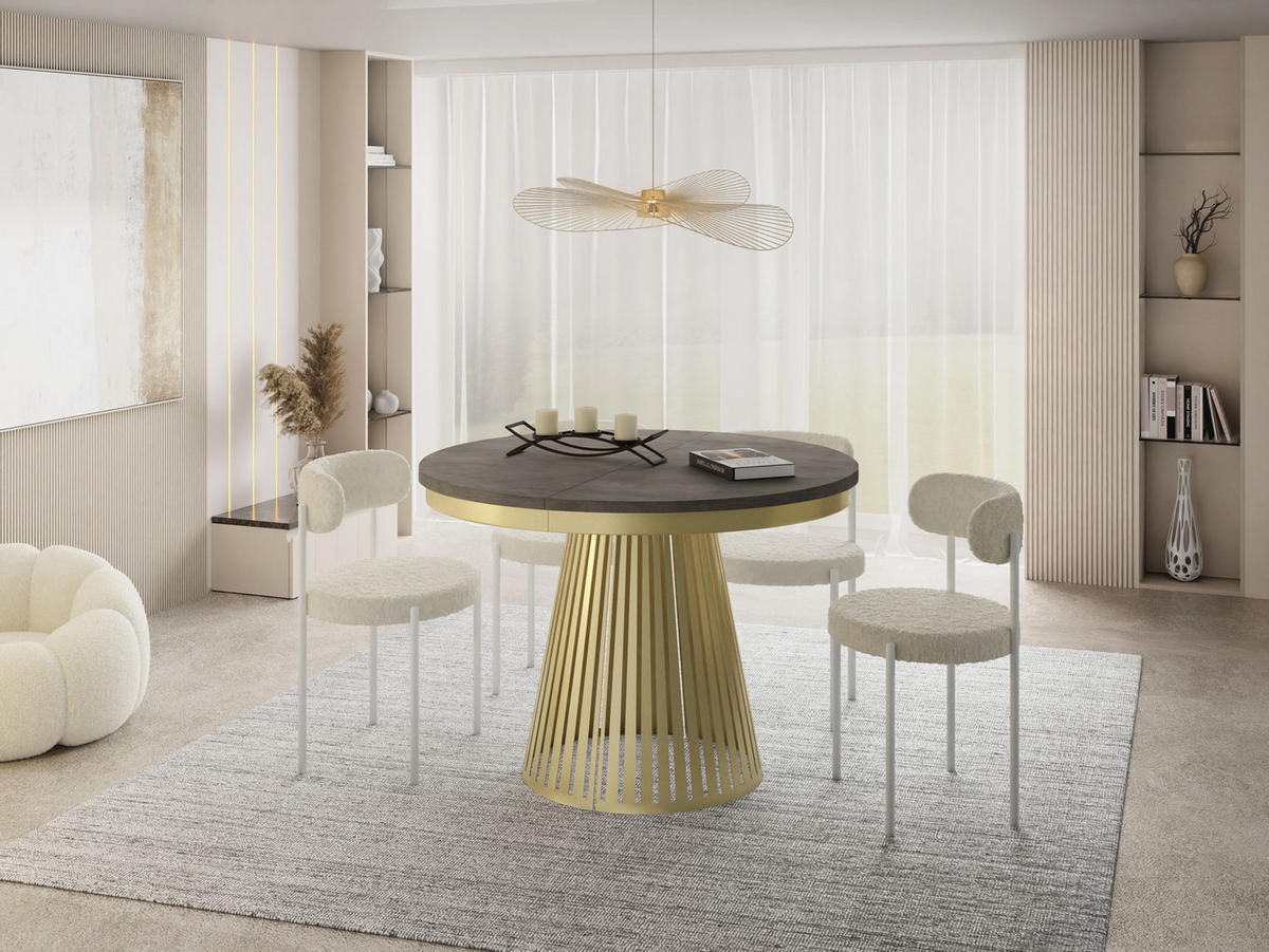 ESSTISCH Naro rund ausziehbar mit Goldem Lamellen-Metallgestell, Beton-Optik Dunkelgrau 120-200/120/76 cm - Dunkelgrau/Goldfarben, Holzwerkstoff/Metall (120/100/76cm) - WFL GROUP