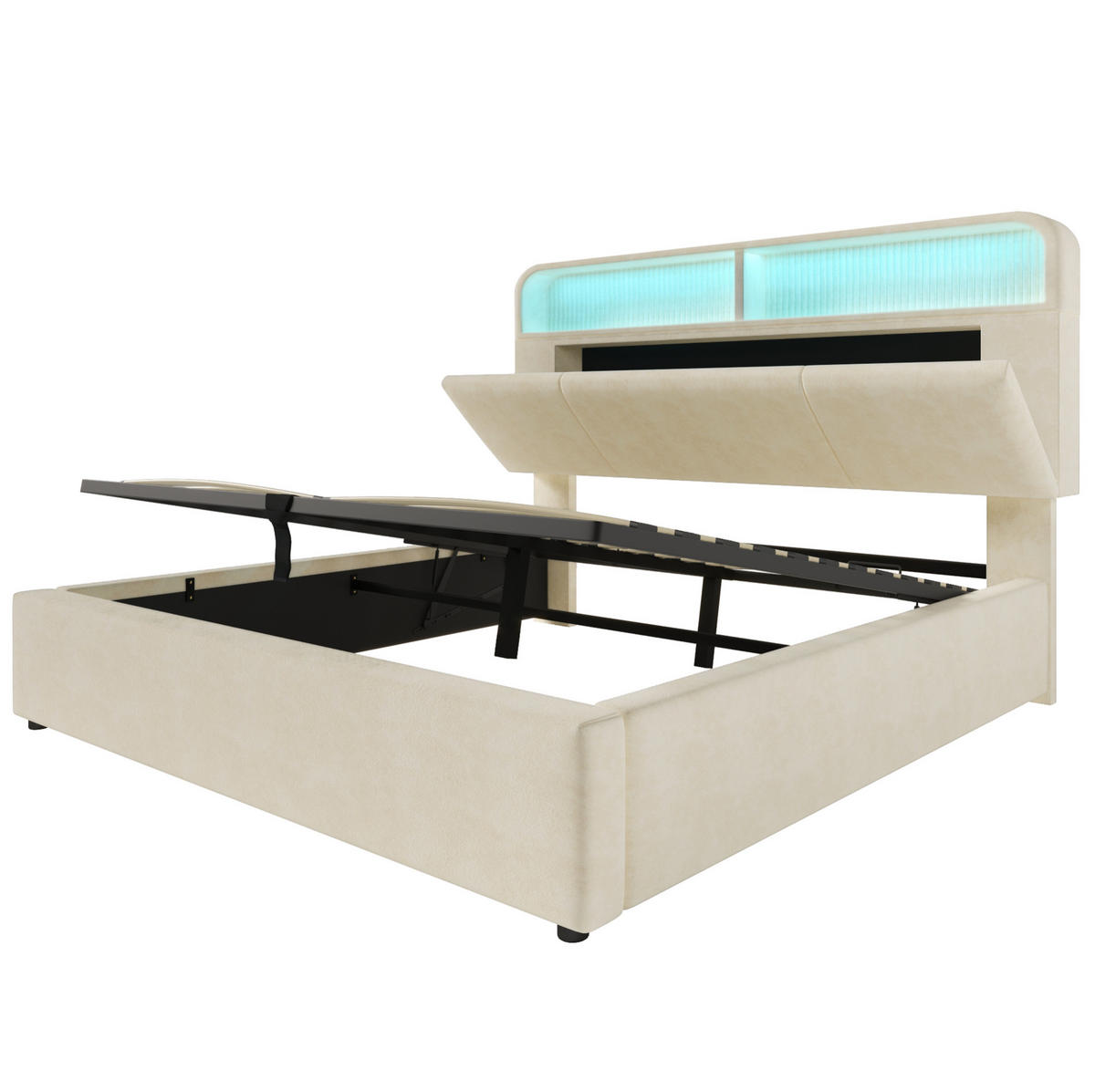 POLSTERBETT mit Matratze 160/200 cm mit LED-Beleuchtung, USB-C Ladestation und Bettkasten aus Samt, Beige - Beige, Textil (160/200cm) - Redom