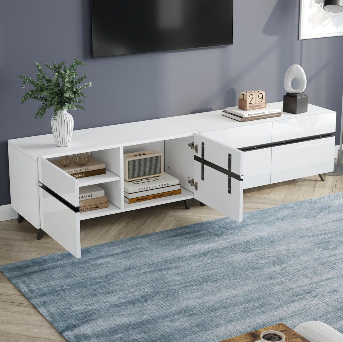 TV-ELEMENT mit 4 Schränken 180 x 40 x 49 cm MDF Weiß - Weiß, Holzwerkstoff (40/49/180cm) - Beauniv
