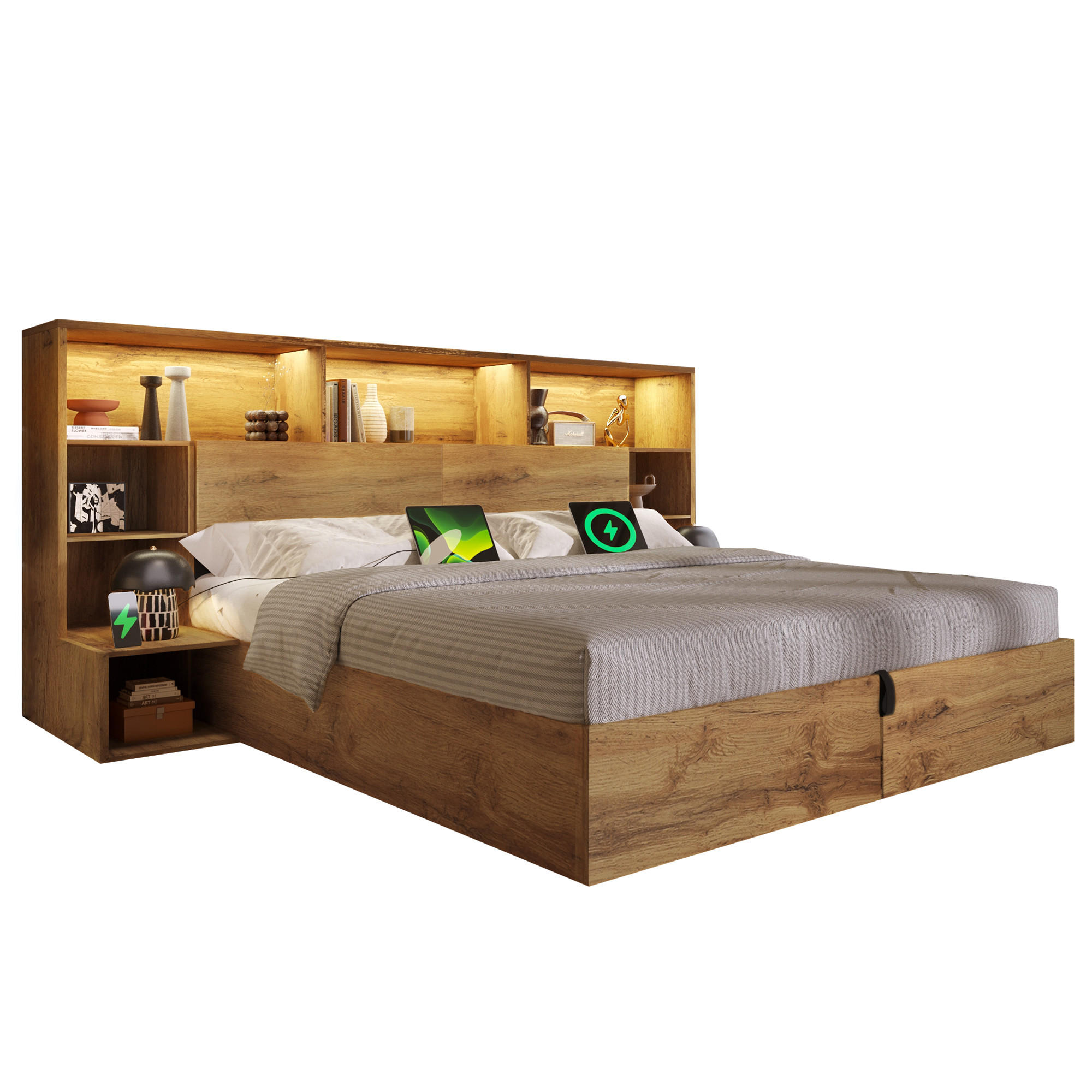 SYSTEMBETT 160x200 Eiche Optik Hydraulik LED USB-C - Eichefarben, Holz (160/200cm) - FLIEKS