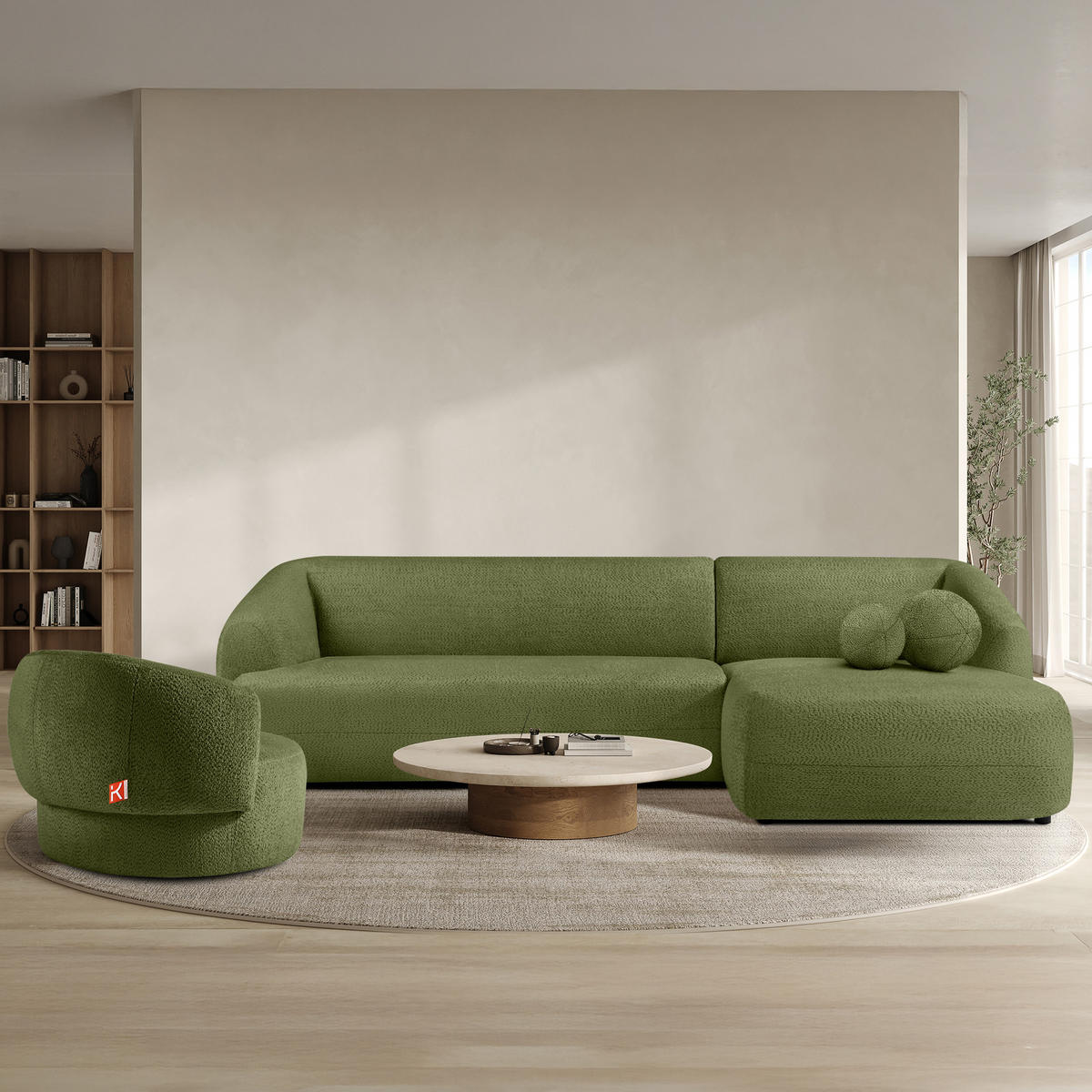 ECKSOFA RECHTS VIRA, Oliv, Chenille - Schwarz/Olivgrün, Holz/Holzwerkstoff (300/160cm) - KONSIMO®