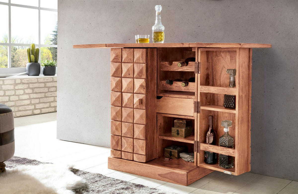 HAUSBAR aus Massivholz mit Klappfunktion und Stauraum für Flaschen und Gläser, Akazie 65x50x91 cm - Akaziefarben, Holz (65/91/50cm) - KADIMA DESIGN