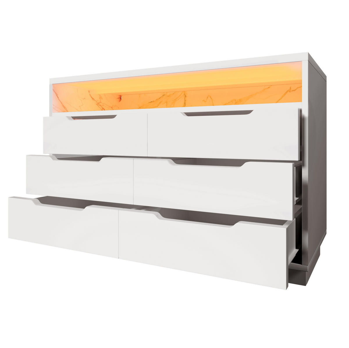 SIDEBOARD 120/40/85 cm mit LED-Beleuchtung, 6 Schubladen und offenem Fach aus Spanplatte, Weiß - Weiß, Holzwerkstoff (120/85/40cm) - Redom
