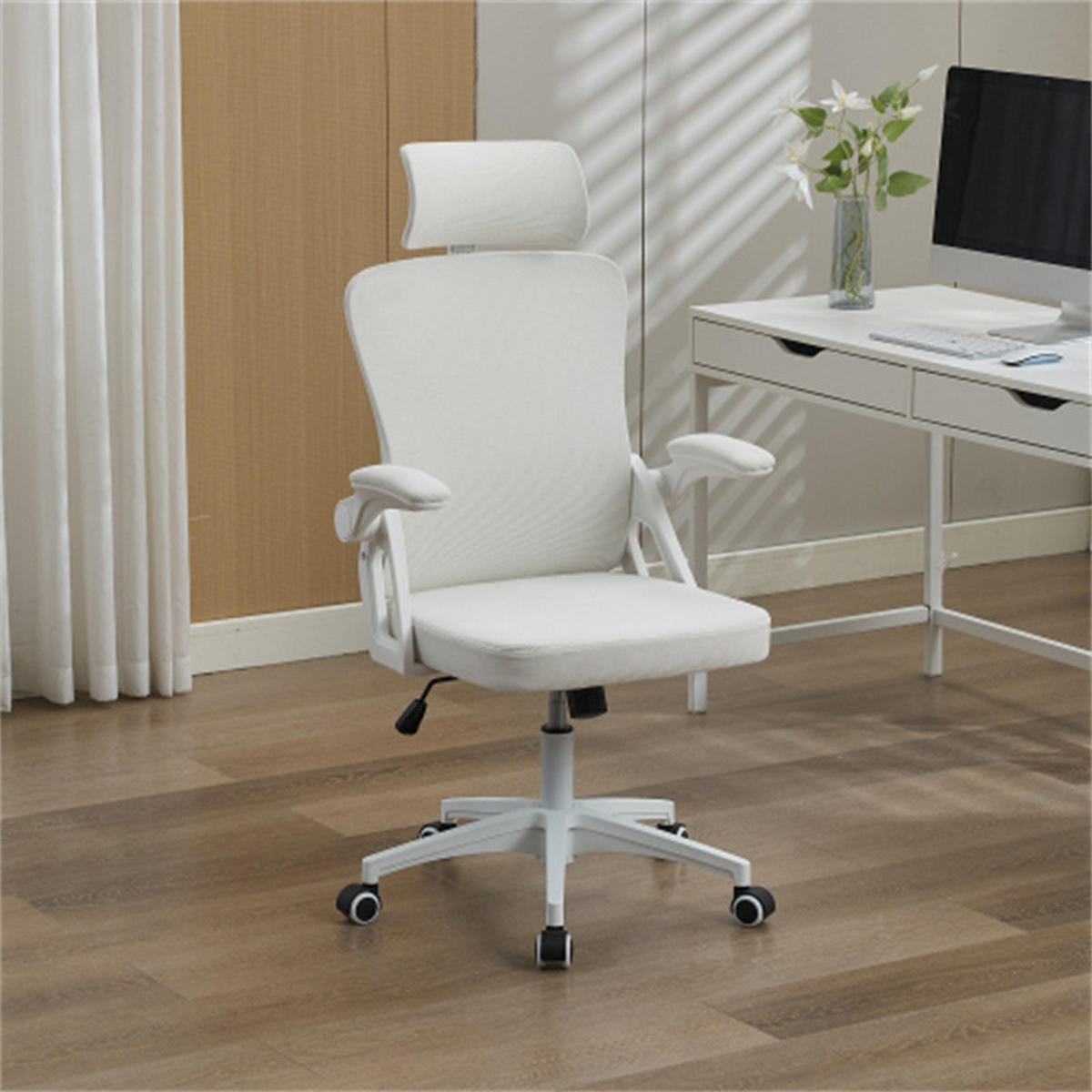 DREHSTUHL Ergonomisch Weiß, höhenverstellbar & drehbar, Metall-Stoff-Bezug, 58 x 65 x 108 cm - Weiß, Kunststoff (65/108/58cm) - Albatros