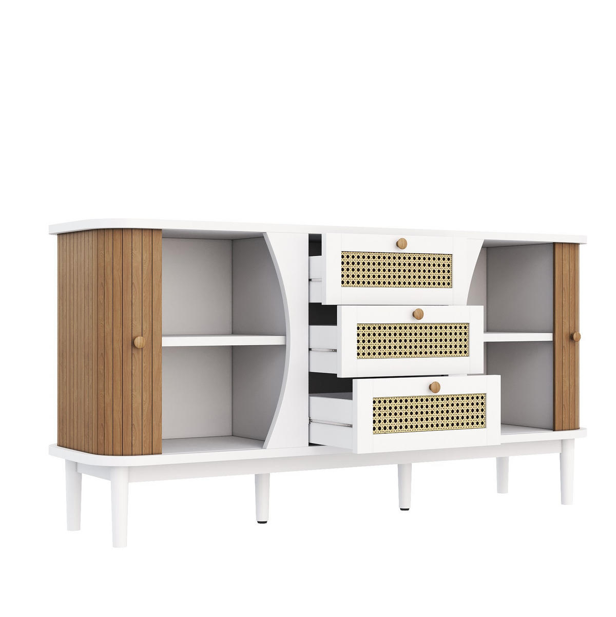 SIDEBOARD 140,5/40/76 cm mit 2 Türen & 3 Rattanschubladen in Weiß/Holzfarbe - Weiß, Holzwerkstoff (140.5/76/40cm) - BEAOK