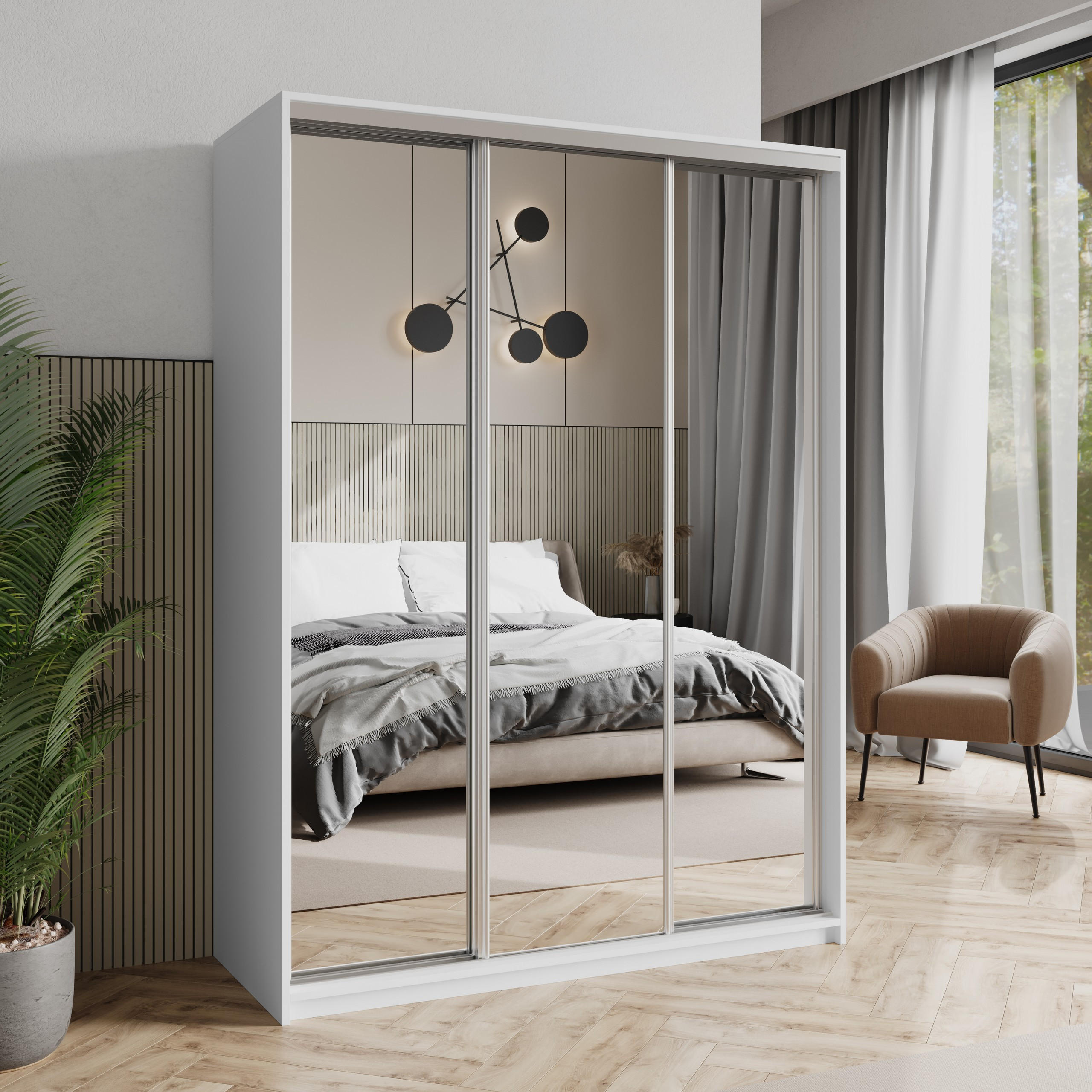 SCHWEBETÜRENSCHRANK RIEN 150/205/60 cm 3-türig mit Spiegel Weiß - Weiß, Holzwerkstoff (150/205/60cm) - MASSENO