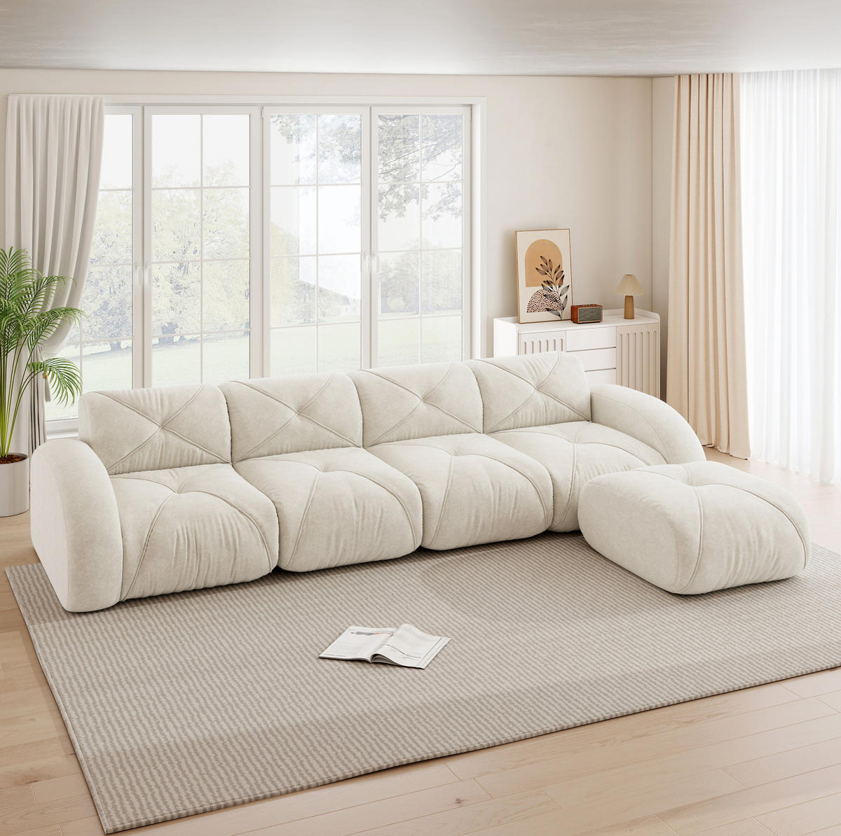 ECKSOFA 358/171/76 cm hellbeige aus Chenille mit modularem Aufbau und Hocker - Beige, Textil (171/358cm) - OKWISH