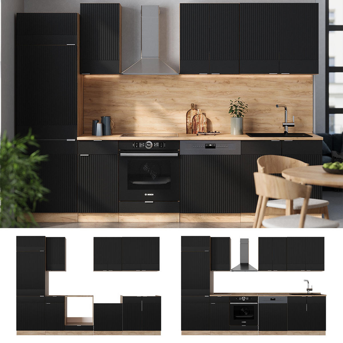 KUCHYŇSKÁ LINKA Fame-Line, černé pruhy/dub Goldkraft, 300 cm, dub AP - medově dubová/černá, kompozitní dřevo (300/81.6/60cm) - Vicco