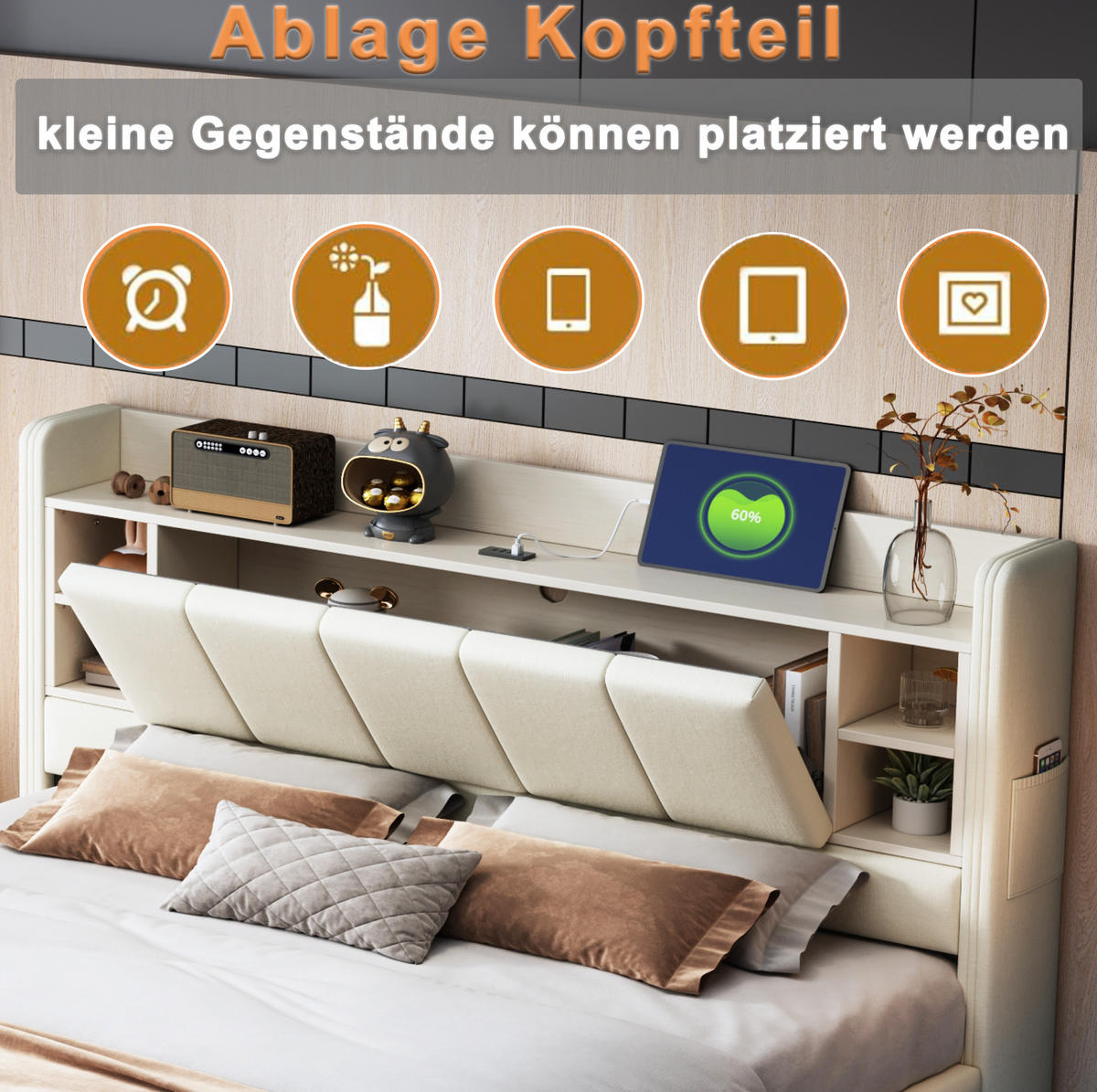 POLSTERBETT mit LED-Beleuchtung 140/200 cm mit USB und Stauraum in Beige - Beige, Textil (140/200cm) - BEAOK