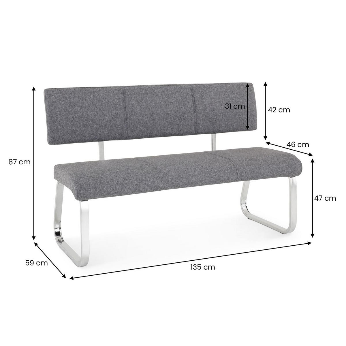 ESSZIMMERBANK VILAS grau - Grau, Textil/Metall (136/89/59cm) - IDIMEX