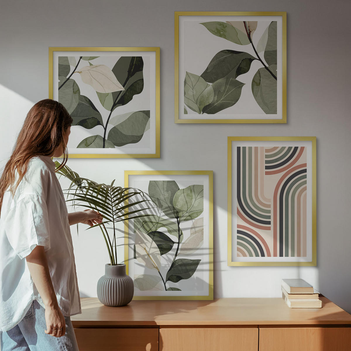 BILDER SET 4er Set - 50x50 cm & 40x60 cm Goldrahmen - Geometrische Pflanzenmotive - Goldfarben, Kunststoff (50/50cm) - TULUP