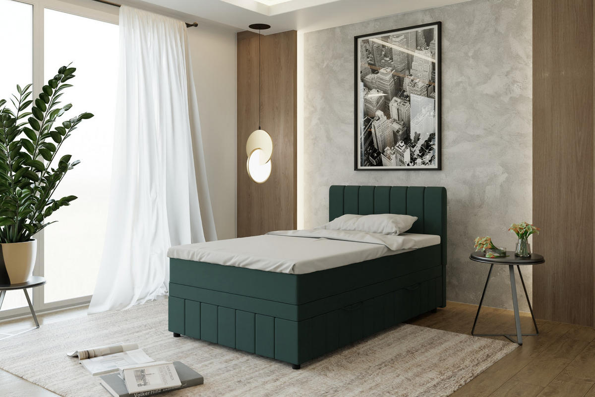 BOXBETT AVALON 120 x 200 cm mit Bettkasten und Topper - Dunkelgrün - Dunkelgrün, Holz - Panda Möbel