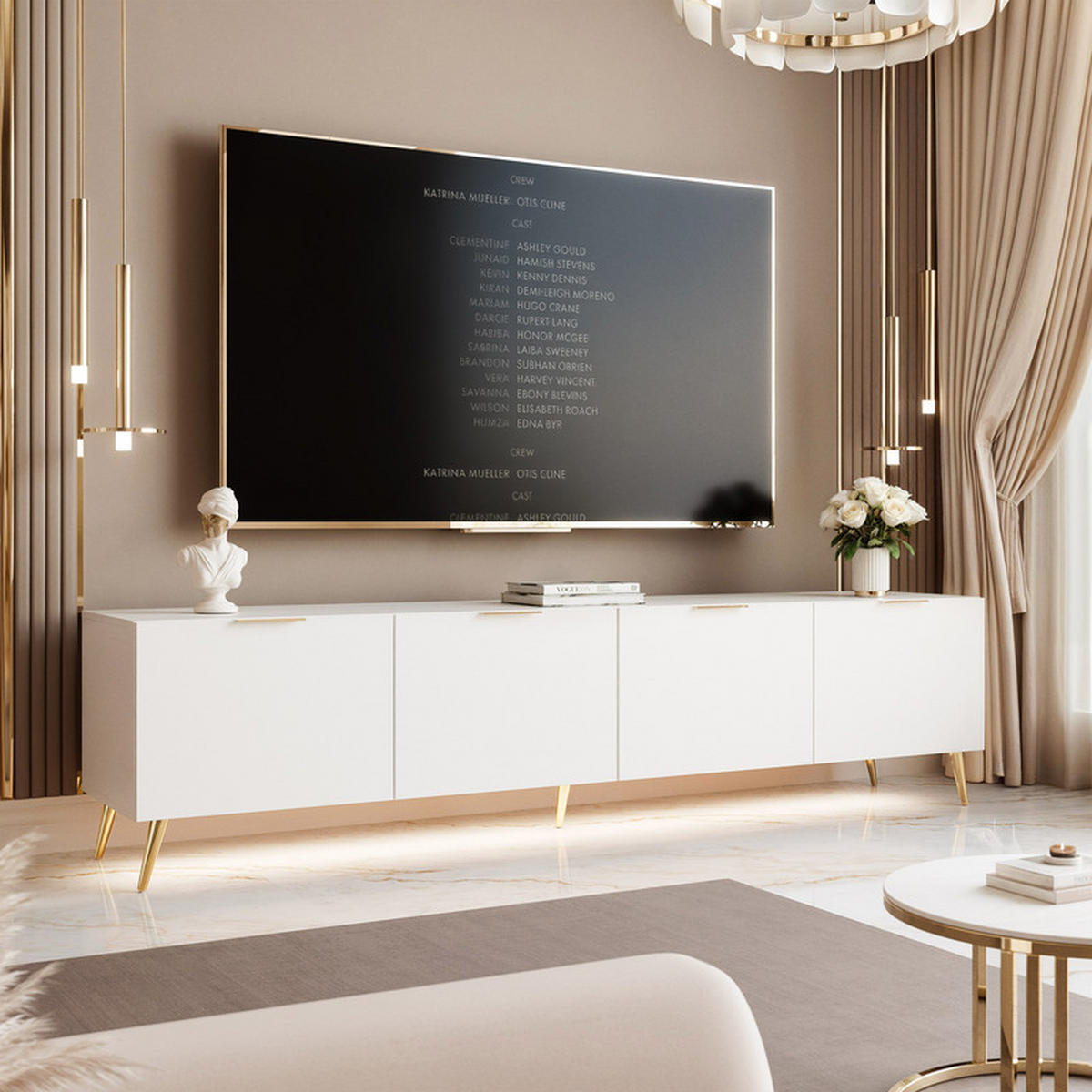 TV skříňka ANGEL 200 cm na nožkách s osvětlením BÍLÁ - bílá, kompozitní dřevo (200/49/40cm) - Idohome