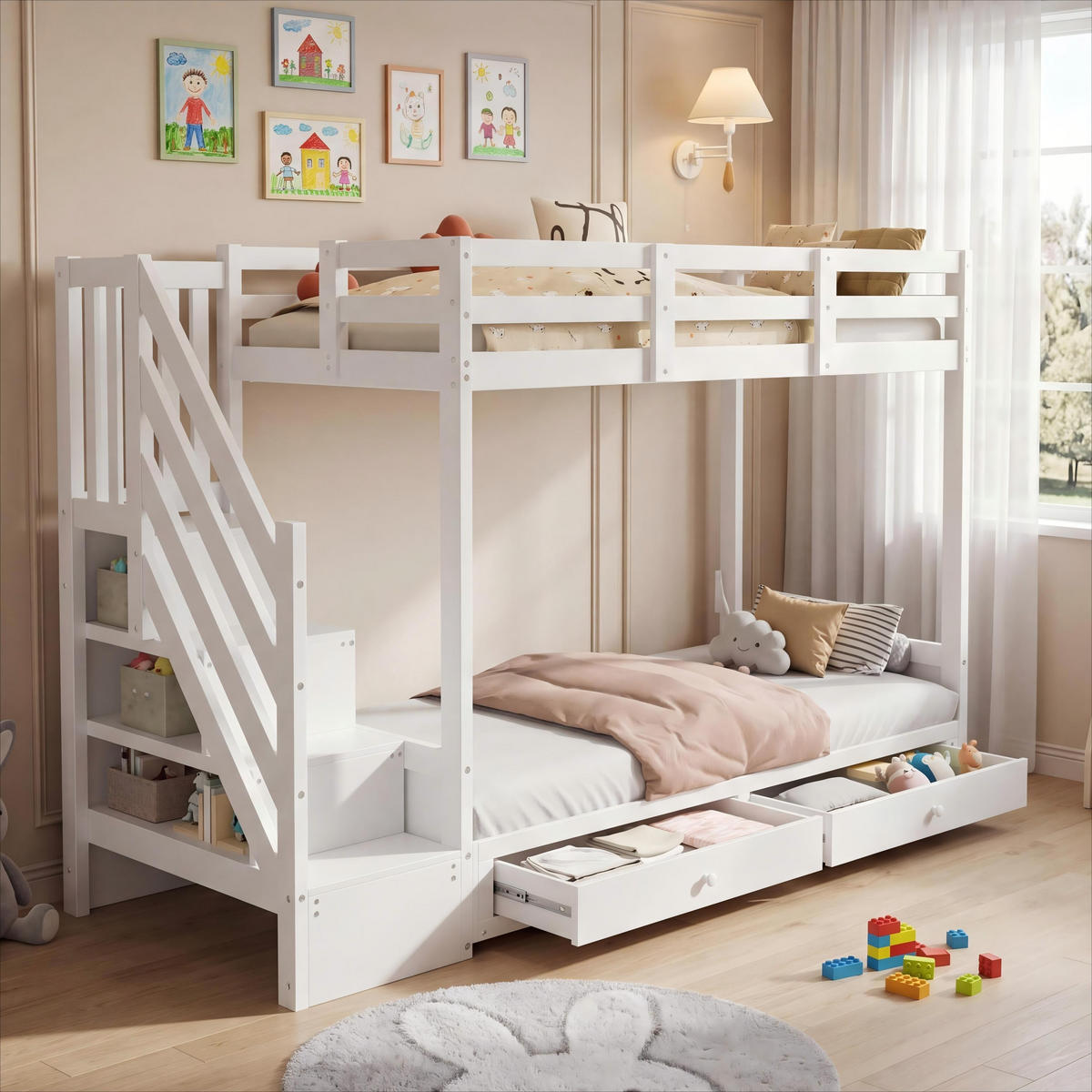 ETAGENBETT 90/200 cm mit Sofa, Treppenschrank und 2 Schubladen, Weiß - Weiß, Holzwerkstoff (90/200cm) - Redom