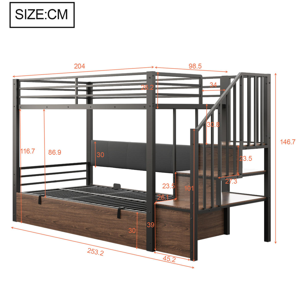 PATROVÁ postel 90/200 cm černá z kovu a MDF s úložným prostorem - černá, plast (90/200cm) - OKWISH