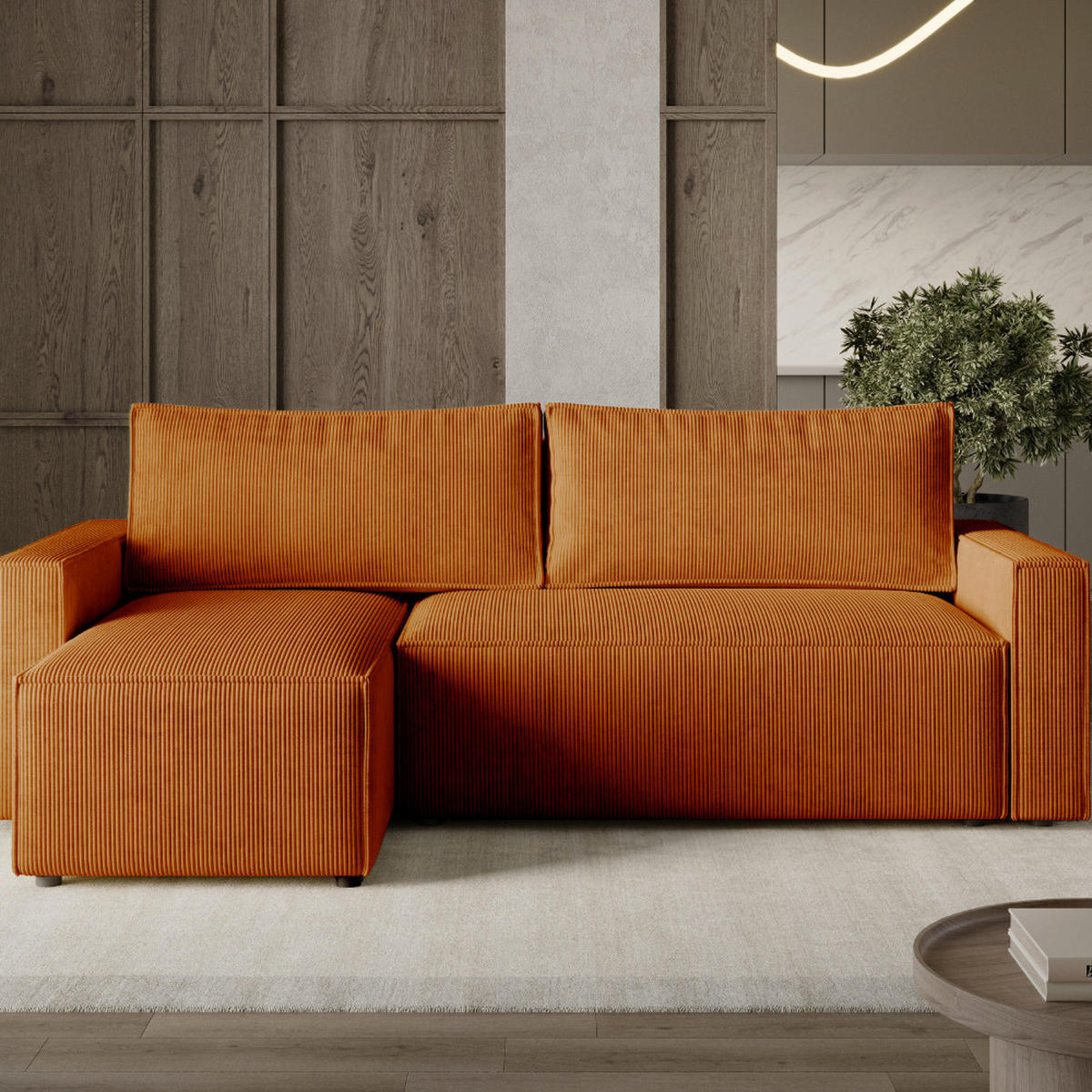 ECKSOFA LIVIO S mit Schlaffunktion, universell montierbar - POSO 40 - Orange, Holz (230/142cm) - Dekori_Interiors