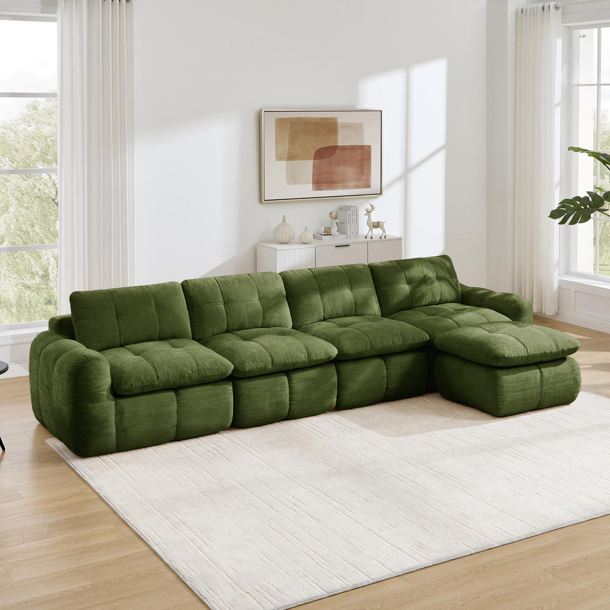 ECKSOFA DE-34464 4-Sitzer L-Form mit Ottoman Grün - Grün, Textil (160/334cm) - ComfortXL