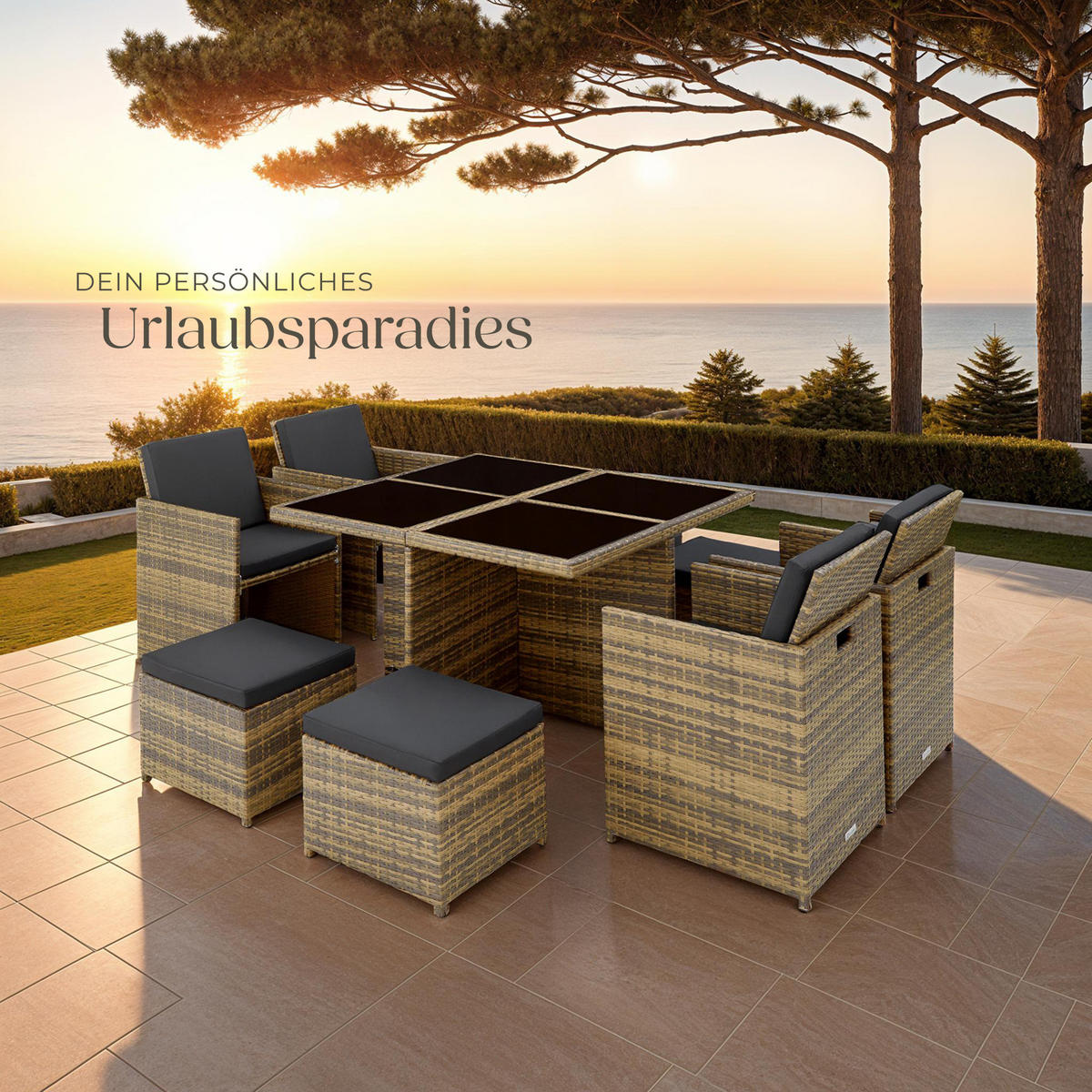 RATTAN SITZGRUPPE Manhattan,2 Bezugssets, zusammenschiebbar, inklusive Schutzhülle,natur - Naturfarben, Kunststoff - tectake
