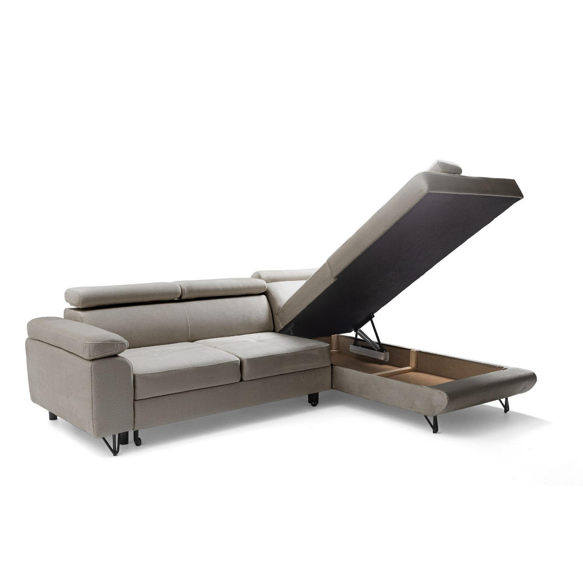 ECKSOFA JUNIOR L Rechts mit Schlaffunktion 194x128 Velours Beige - Beige/Schwarz, Holz/Textil (184/249cm) - Muffo