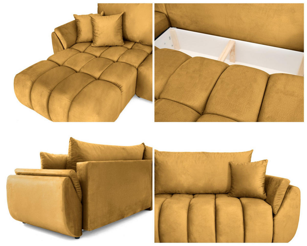 ECKSOFA Iris mit Schlaffunktion und Bettkasten, links oder rechts montierbar – Senfgelb Samt 280/184/85 cm - Dunkelgelb/Schwarz, Kunststoff/Textil (280/184cm) - WFL GROUP