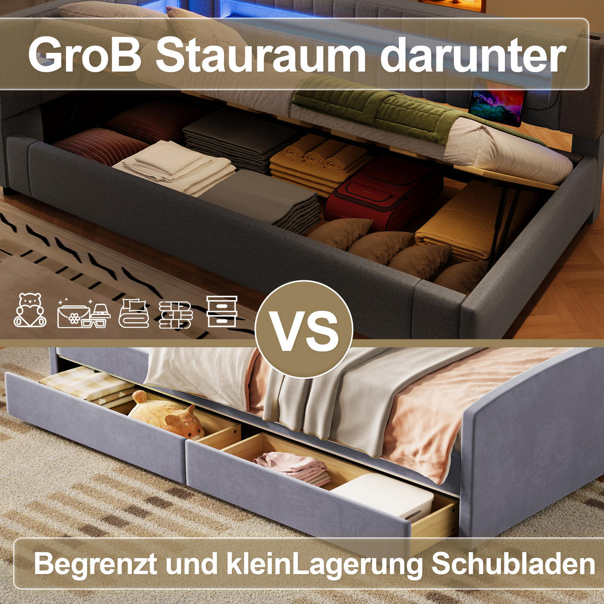 TAGEBETT 90x200cm Grau LED-Licht Hydraulik USB Leinen - Grau, Holz (90/200cm) - FLIEKS