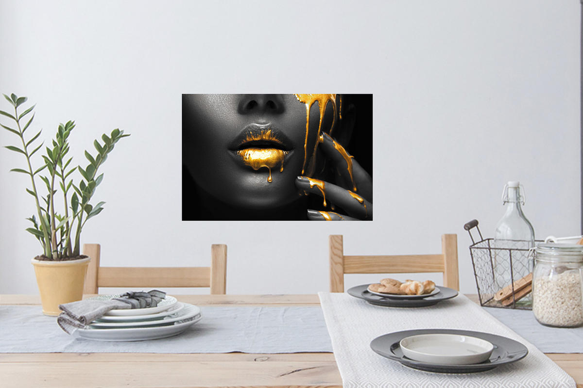 WANDTATTOO Frau - Schwarz - Gold - Gesicht - Lippen 60x40 cm - Goldfarben, Kunststoff (60/40/0.1cm) - MuchoWow