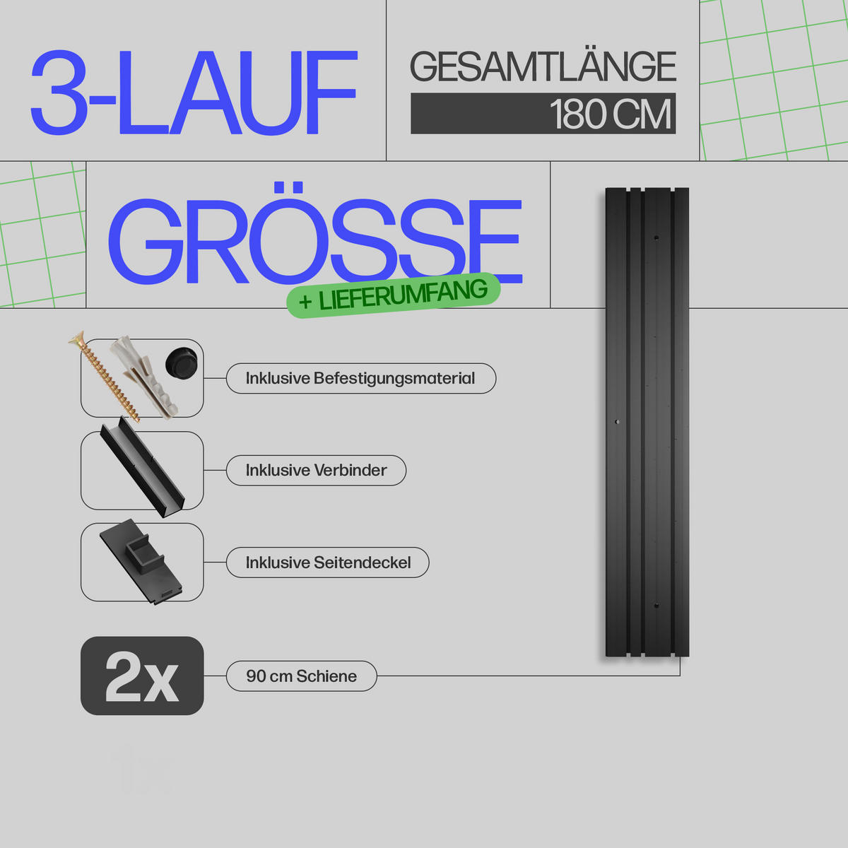 GARDINENSCHIENE 180cm (2x90cm) 3-läufig - Schwarz, Kunststoff (10/1.8/180cm)