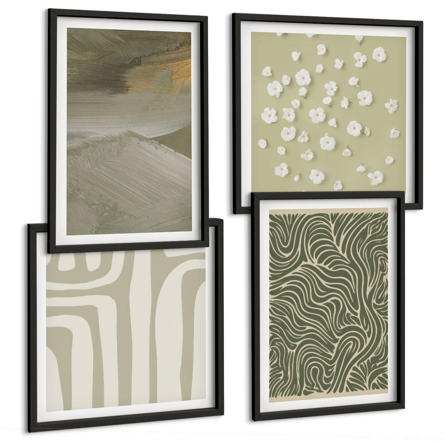 BILDER SET 4er Set - 50x50 cm & 40x60 cm Schwarzer Rahmen - Abstrakte Boho-Muster - Schwarz, Kunststoff (50/50cm) - TULUP
