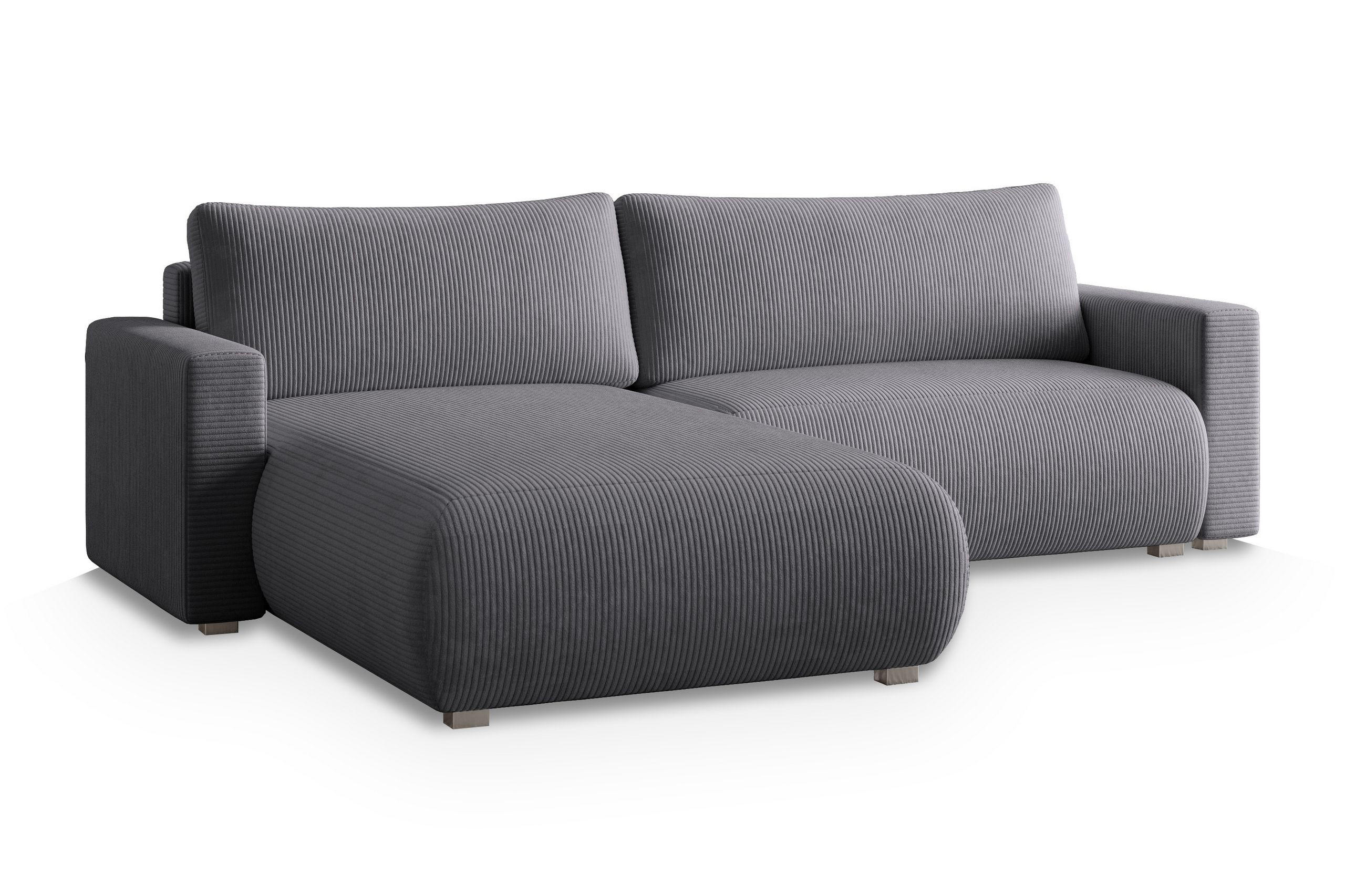 ECKSOFA TURIN P Grau Kordstoff mit Schlaffunktion - Grau, Holz (265/183cm) - MASSENO