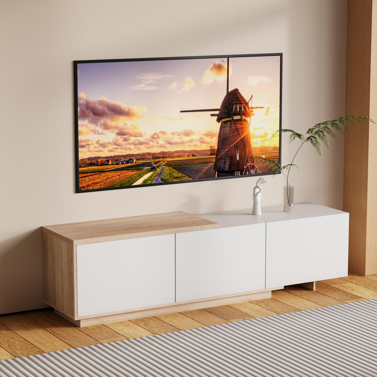 LOWBOARD mit intelligenter Induktions-LED-Beleuchtung, 3 Schubladen und einem offenen Fach, für 65-Zoll - Weiß, Holz (38/44/240cm) - WoodenAura