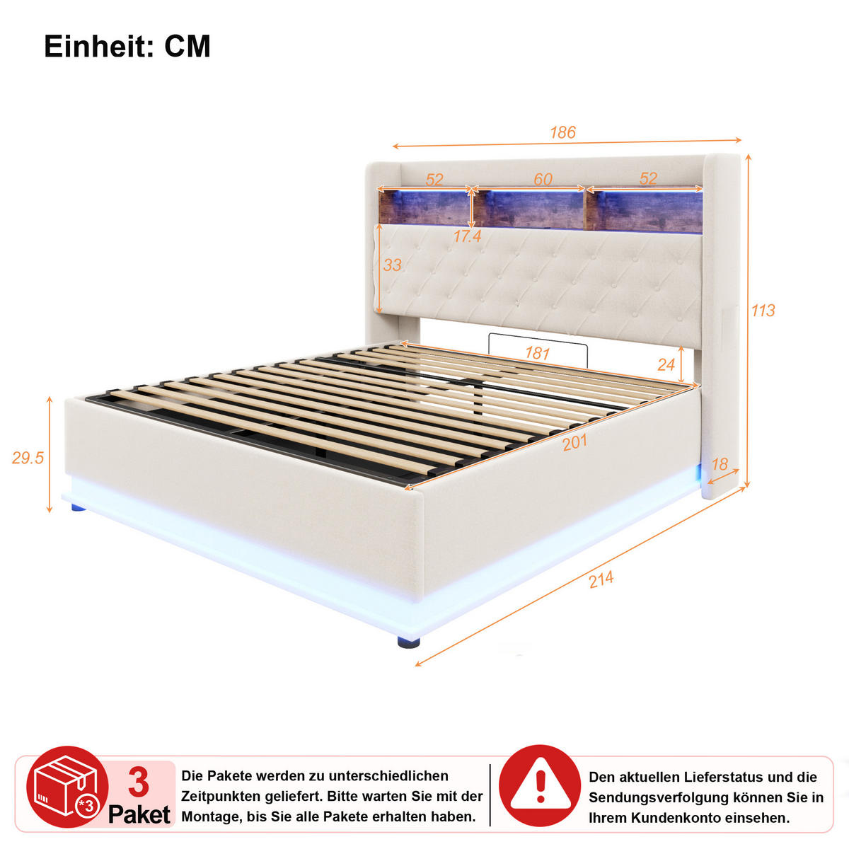 POLSTERBETT 180/200 cm in Beige Leinen mit Bettkasten, LED und USB - Beige, Holzwerkstoff/Textil (180/200cm) - WISHDOR