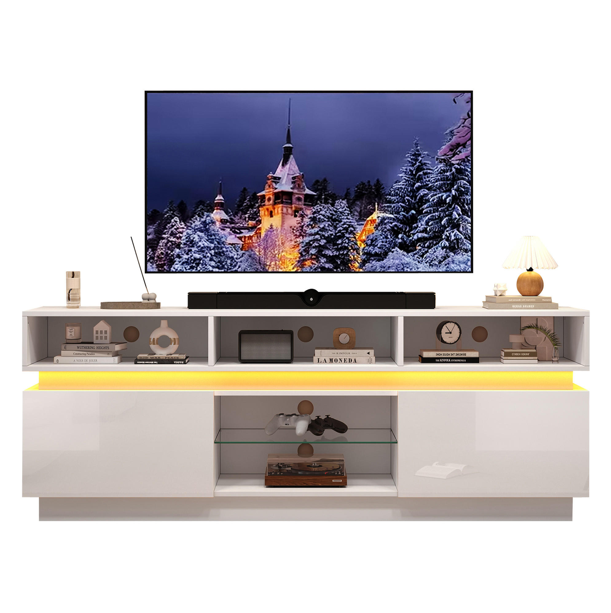 TV-ELEMENT mit 10 Fächern 160 x 35 x 60 cm MDF Weiß mit LED - Weiß, Holzwerkstoff (35/60/160cm) - Beauniv