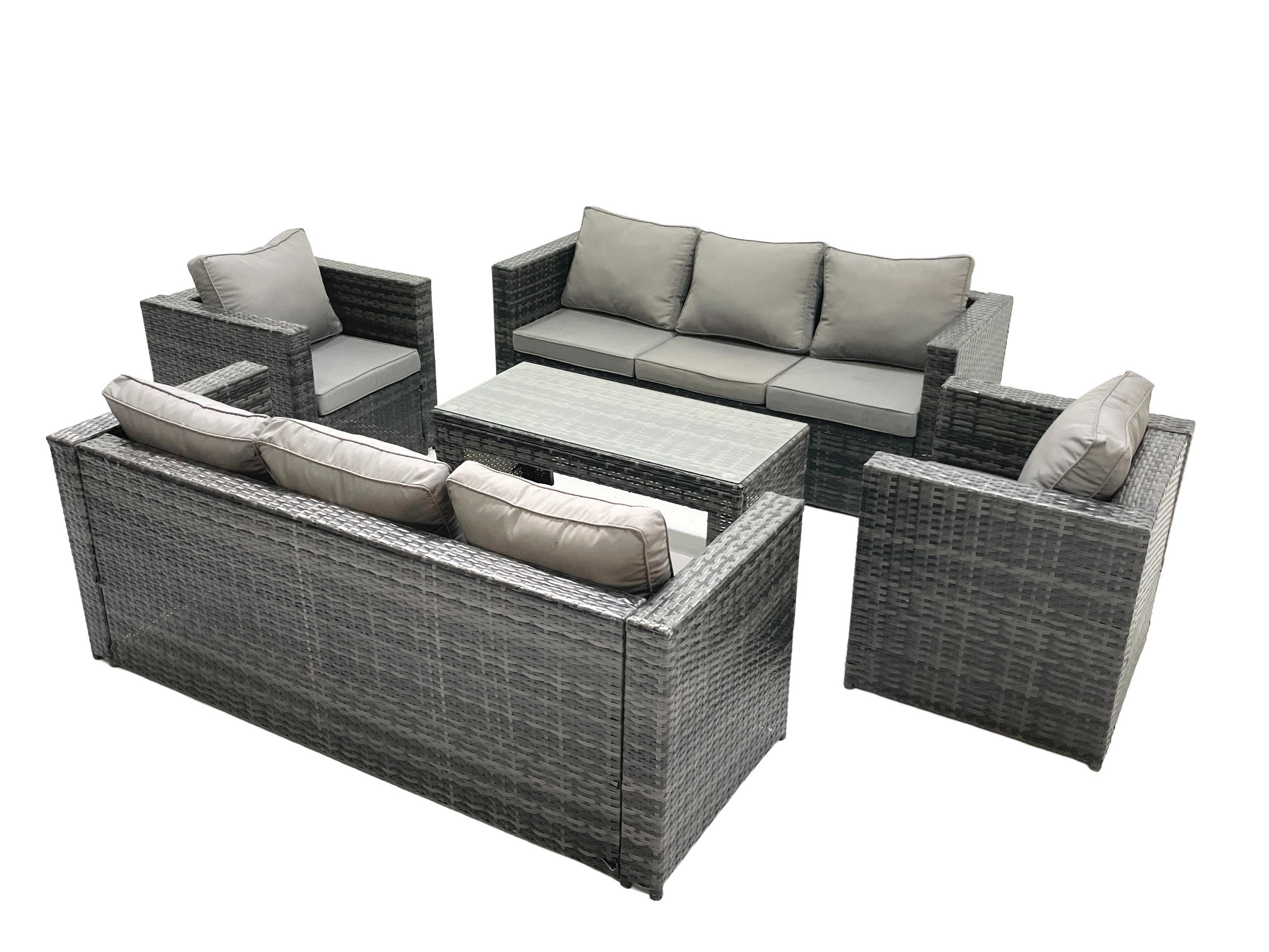 GARTENMÖBEL COUCHTISCH SET mit Sofa Polyrattan Outdoor 8-Sitzer - Dunkelgrau/Grau, Glas/Kunststoff - Fimous