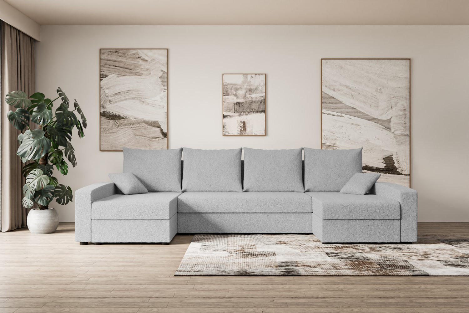 WOHNLANDSCHAFT mit Schlaffunktion und Bettkasten ALESIA-U 301x140x90 cm Grau Bouclé - Silberfarben/Hellgrau, Holzwerkstoff/Kunststoff (301/90/140cm) - ALTDECOR