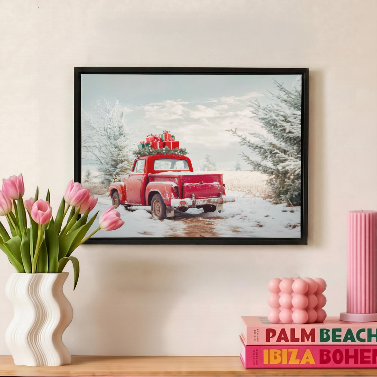 LEINWAND Bilder mit Rahmen - Auto - Rot - Geschenke - Winter - Schnee - Weihnachten - 40x30 - Rot, Textil (40/30cm) - MuchoWow