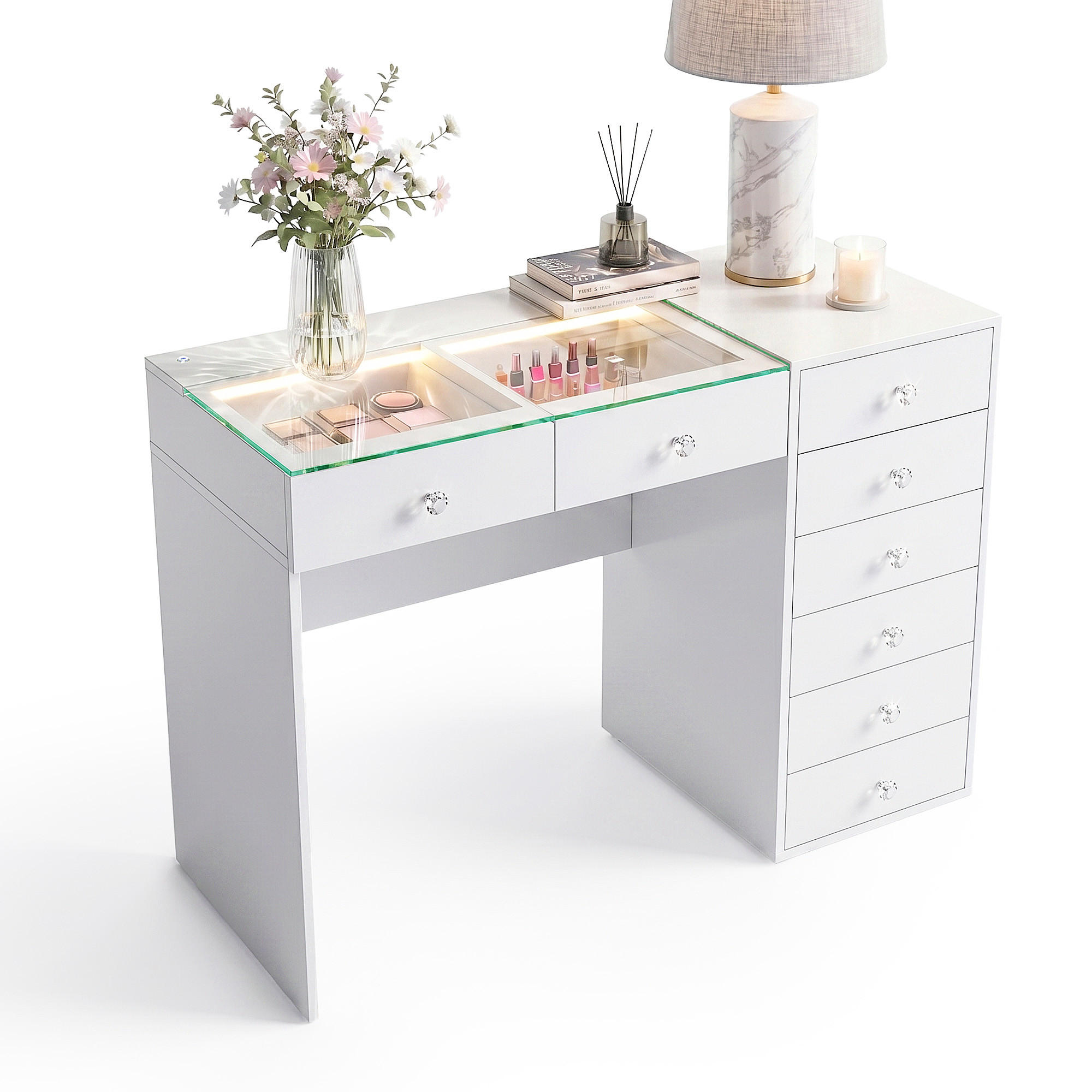 SCHMINKTISCH mit Beleuchtung weiß 120/55/81 CM 8 Schubladen - Weiß, Holz (120/55/81cm) - VANITII