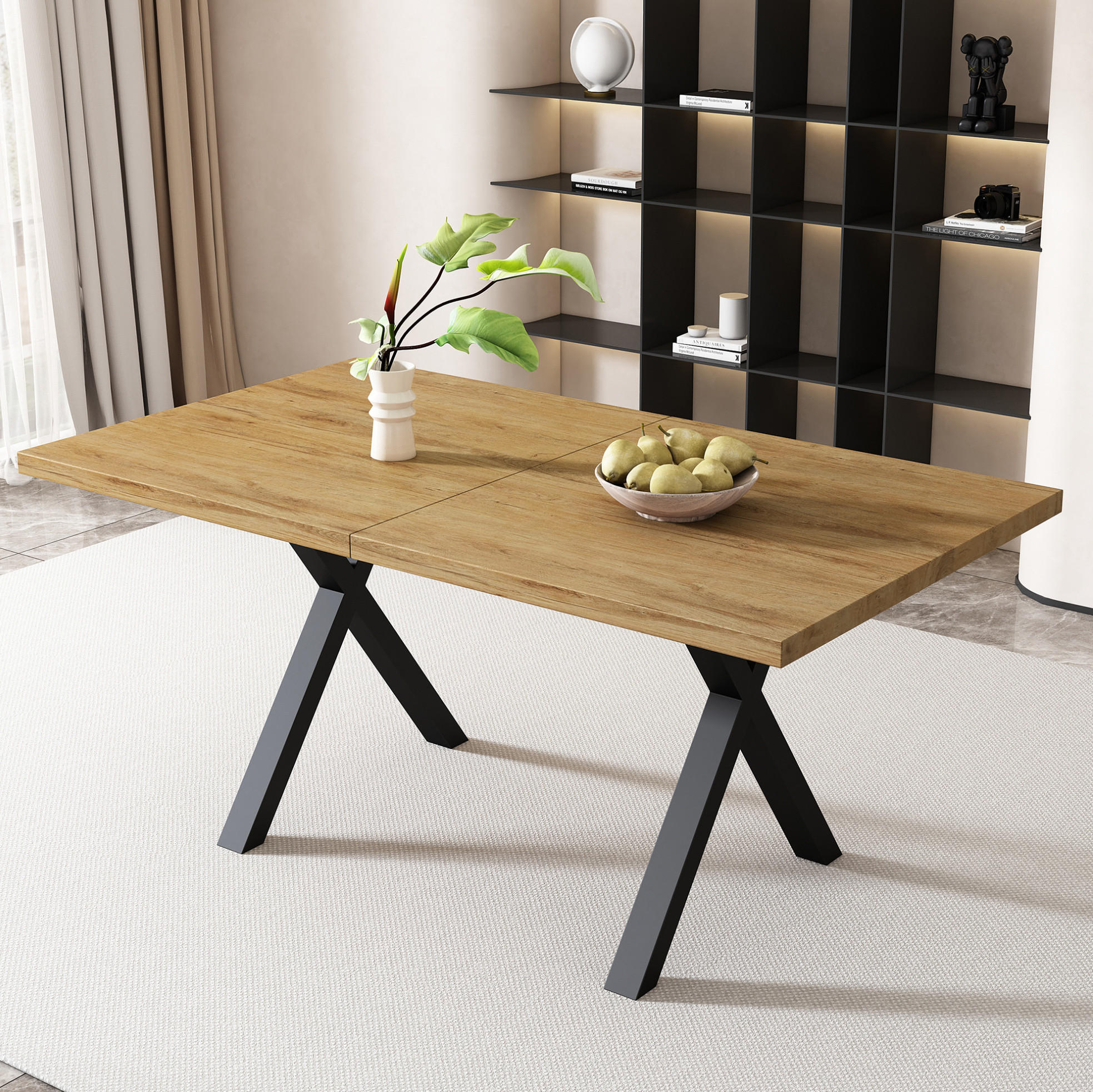 Modfu JÍDELNÍ stůl z MDF 140x80x76 cm dubová s černou kovovou podnoží, křížené nohy a industriální vzhled