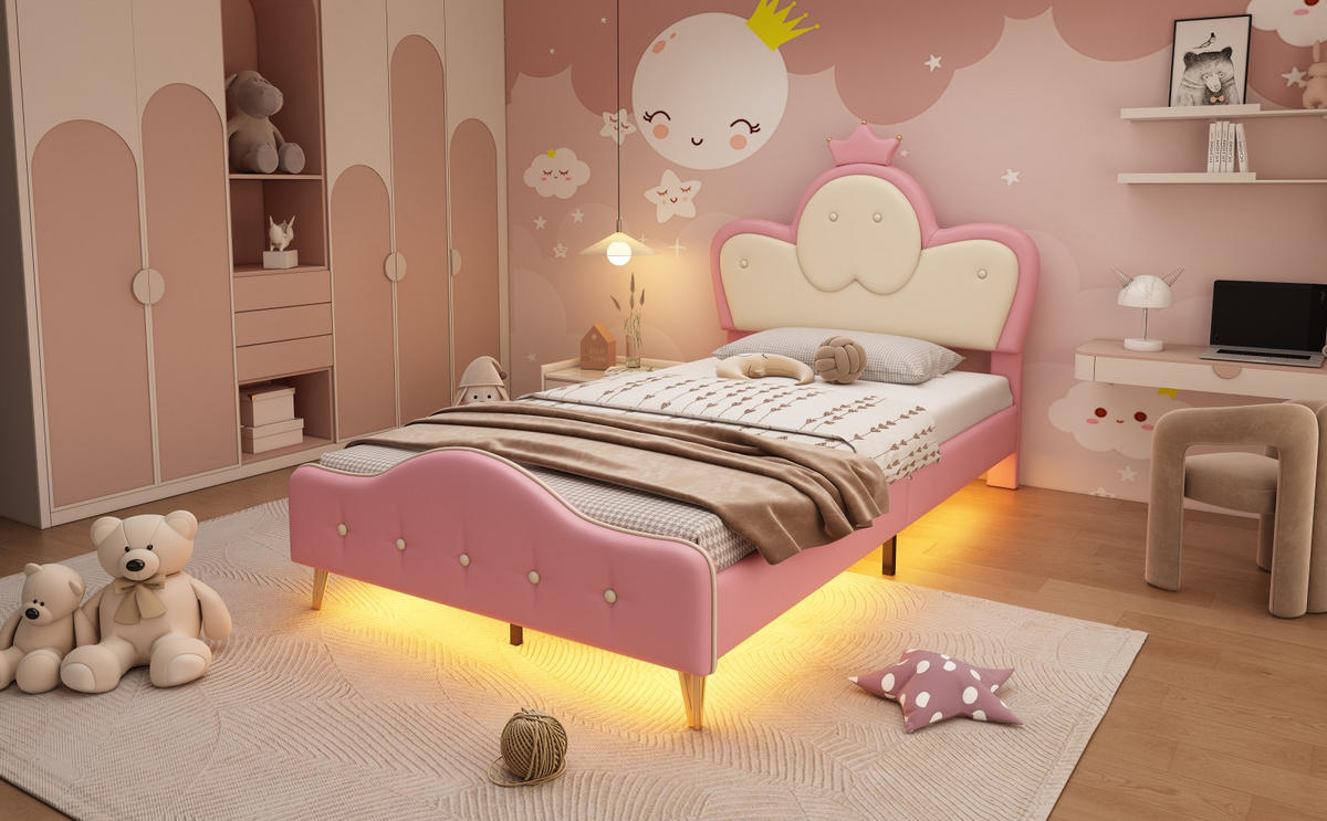 POLSTERBETT 90x200 cm mit LED, Lattenrost, PU, Rosa - Rosa, Holz (90/200cm)