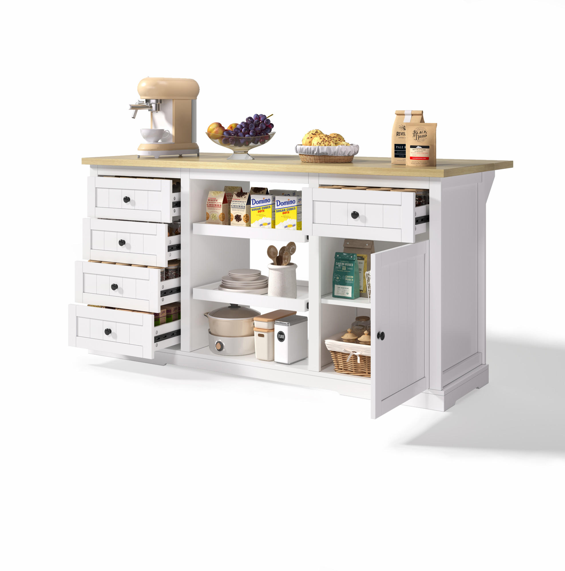 SIDEBOARD 150/65/75,5 cm in Weiß/Natur mit Klappplatte und Steckdosen - Naturfarben, Holzwerkstoff (150/75.5/65cm) - Flora Grace