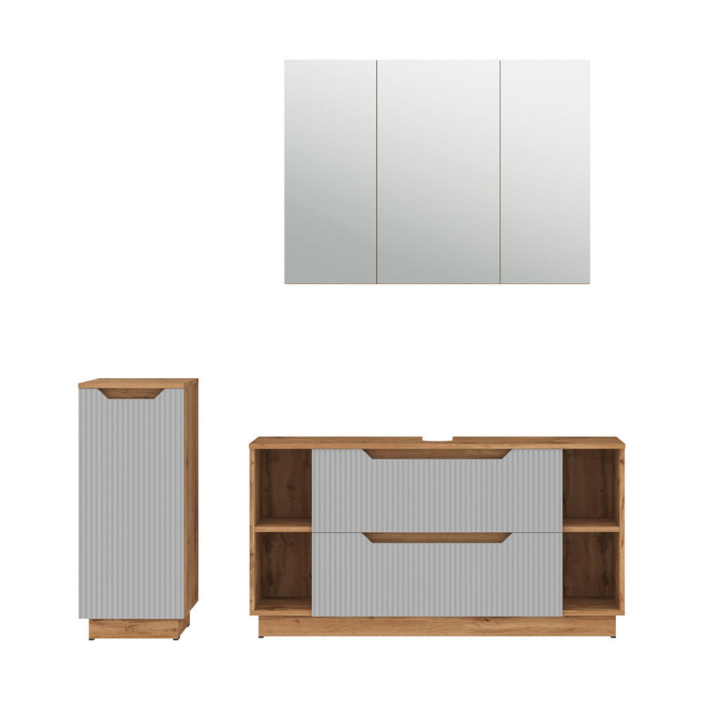 BADMÖBEL-SET Lotta Eiche/grau gestreift 3 Teile - Eichefarben/Grau, Holzwerkstoff (119.2/62.5/35cm) - Vicco